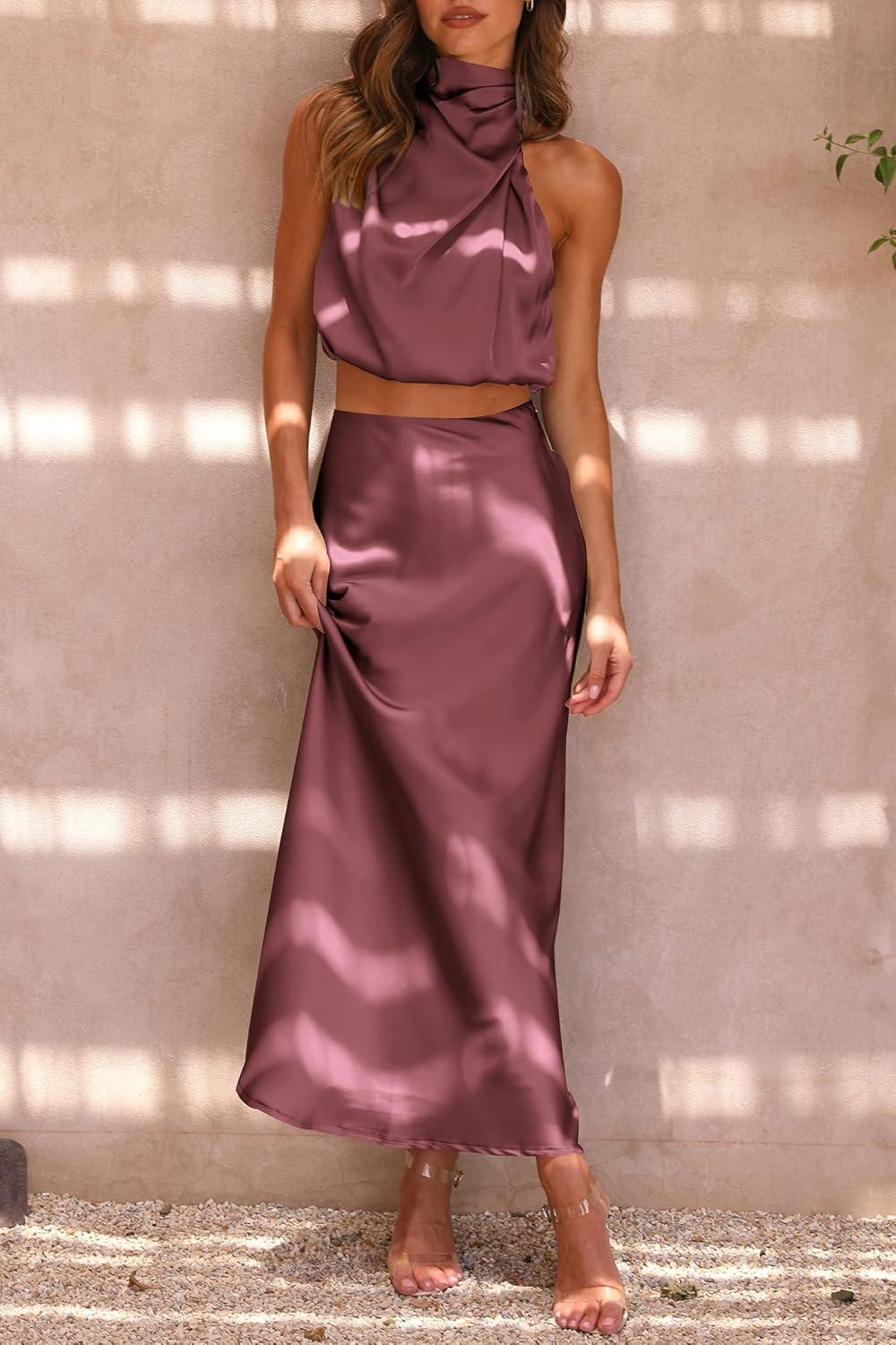 imagePRETTYGARDEN Womens 2 Piece Satin Outfits Summer Sleeveless Mock Neck Crop Tops and Long Skirt Dress SetsBrick Red
