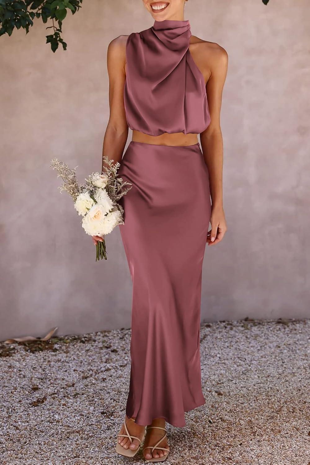 imagePRETTYGARDEN Womens 2 Piece Satin Outfits Summer Sleeveless Mock Neck Crop Tops and Long Skirt Dress SetsBrick Red