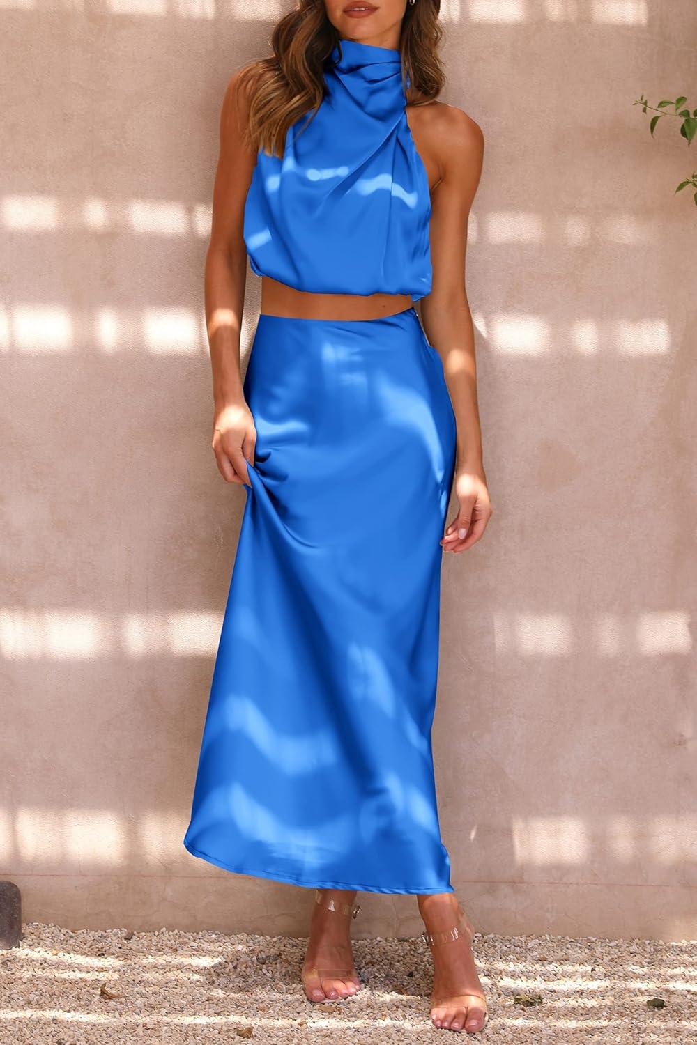 imagePRETTYGARDEN Womens 2 Piece Satin Outfits Summer Sleeveless Mock Neck Crop Tops and Long Skirt Dress SetsBrilliant Blue