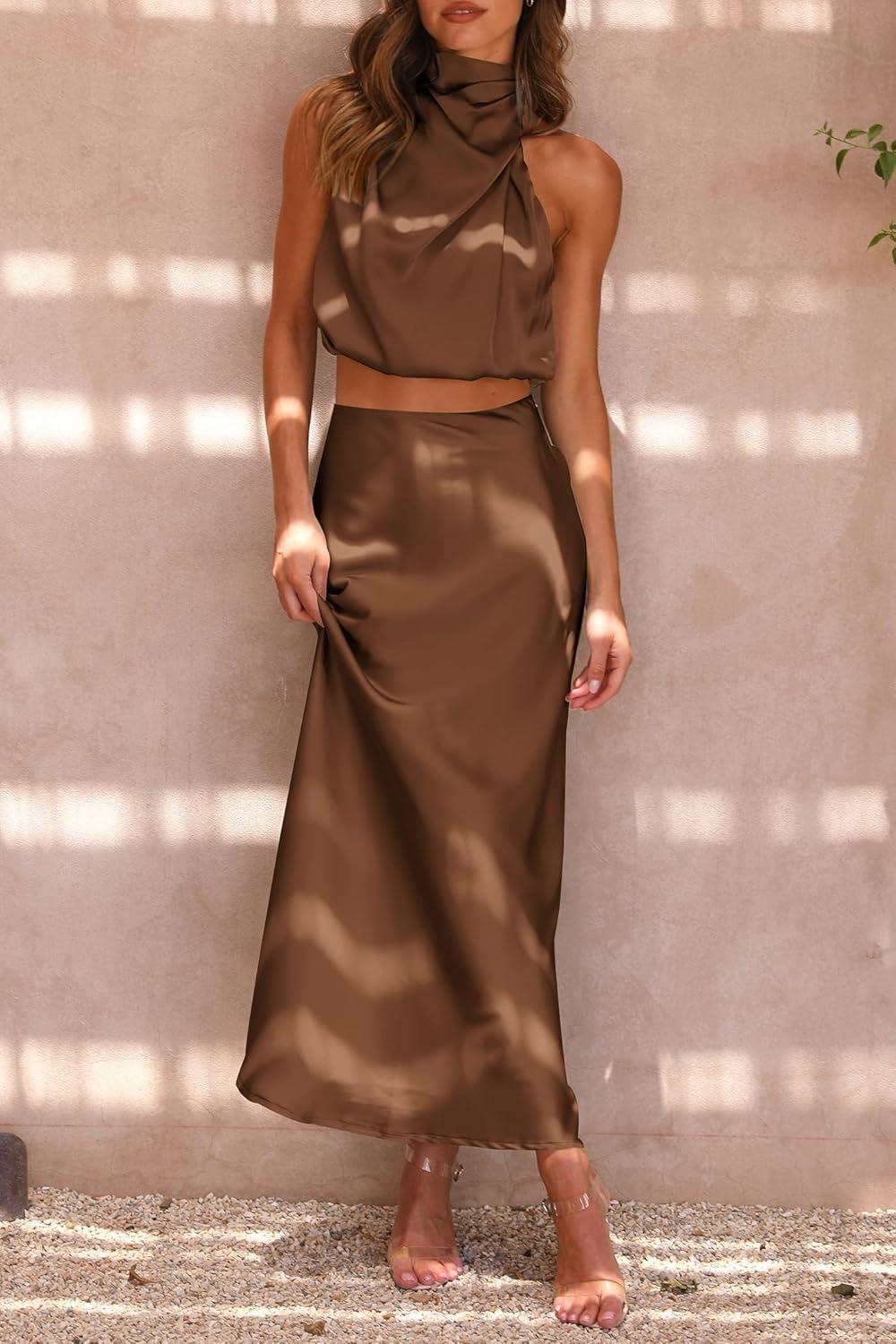 imagePRETTYGARDEN Womens 2 Piece Satin Outfits Summer Sleeveless Mock Neck Crop Tops and Long Skirt Dress SetsKhaki