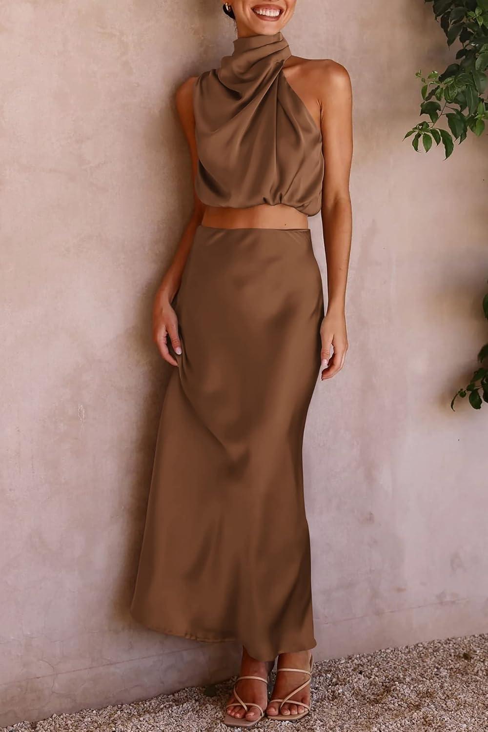 imagePRETTYGARDEN Womens 2 Piece Satin Outfits Summer Sleeveless Mock Neck Crop Tops and Long Skirt Dress SetsKhaki