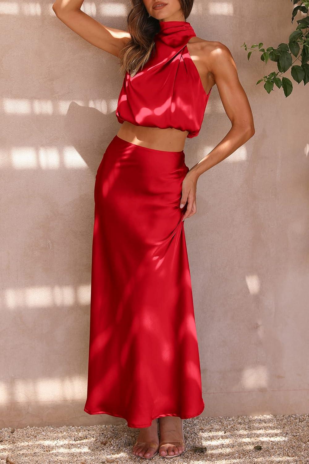 imagePRETTYGARDEN Womens 2 Piece Satin Outfits Summer Sleeveless Mock Neck Crop Tops and Long Skirt Dress SetsRed