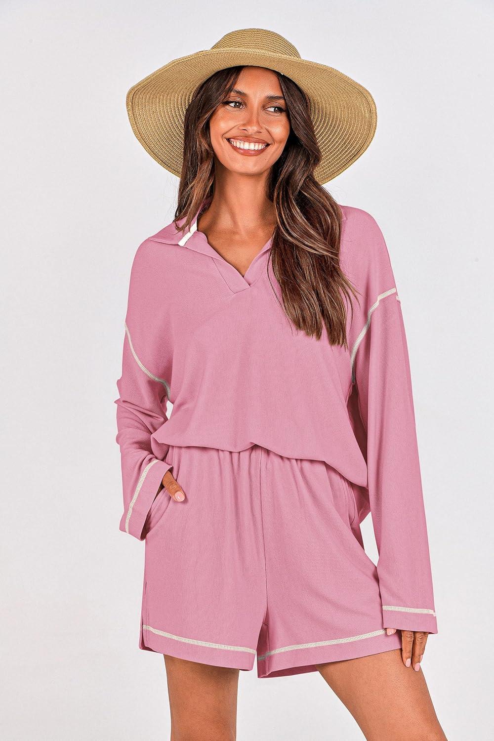 imagePRETTYGARDEN Womens 2024 Fall Two Piece Outfits Lounge Sets Tracksuit Long Sleeve Lapel Shirts Tops And Shorts With Pockets PinkSmall