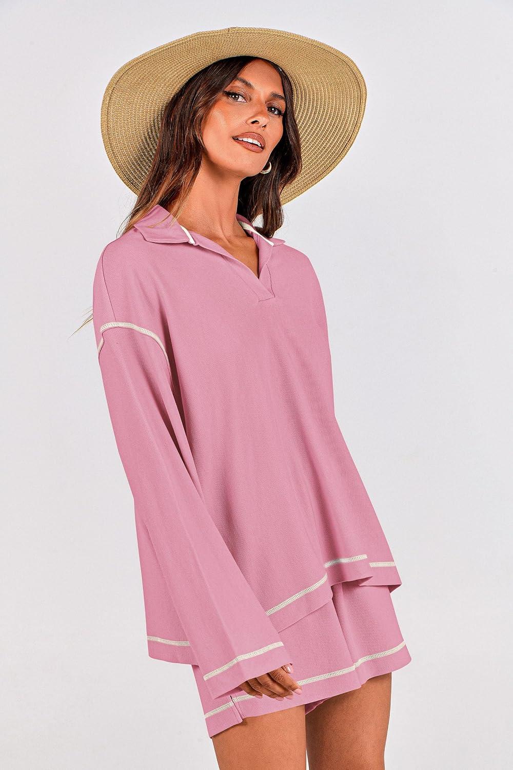 imagePRETTYGARDEN Womens 2024 Fall Two Piece Outfits Lounge Sets Tracksuit Long Sleeve Lapel Shirts Tops And Shorts With Pockets PinkSmall