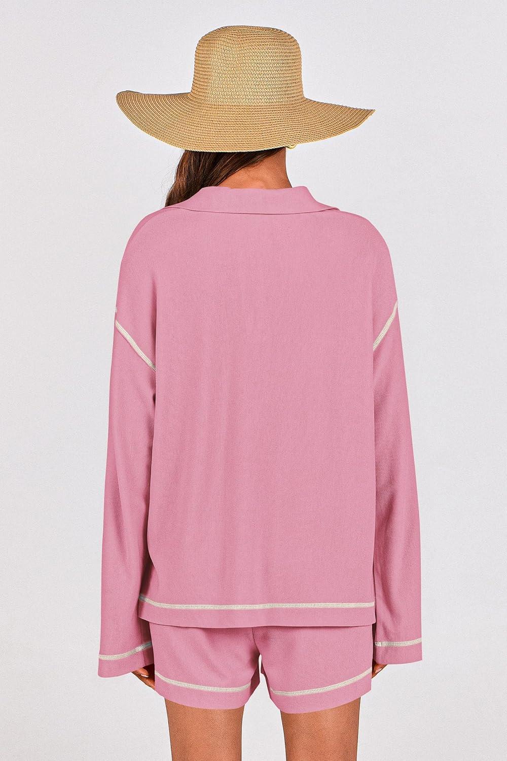 imagePRETTYGARDEN Womens 2024 Fall Two Piece Outfits Lounge Sets Tracksuit Long Sleeve Lapel Shirts Tops And Shorts With Pockets PinkSmall