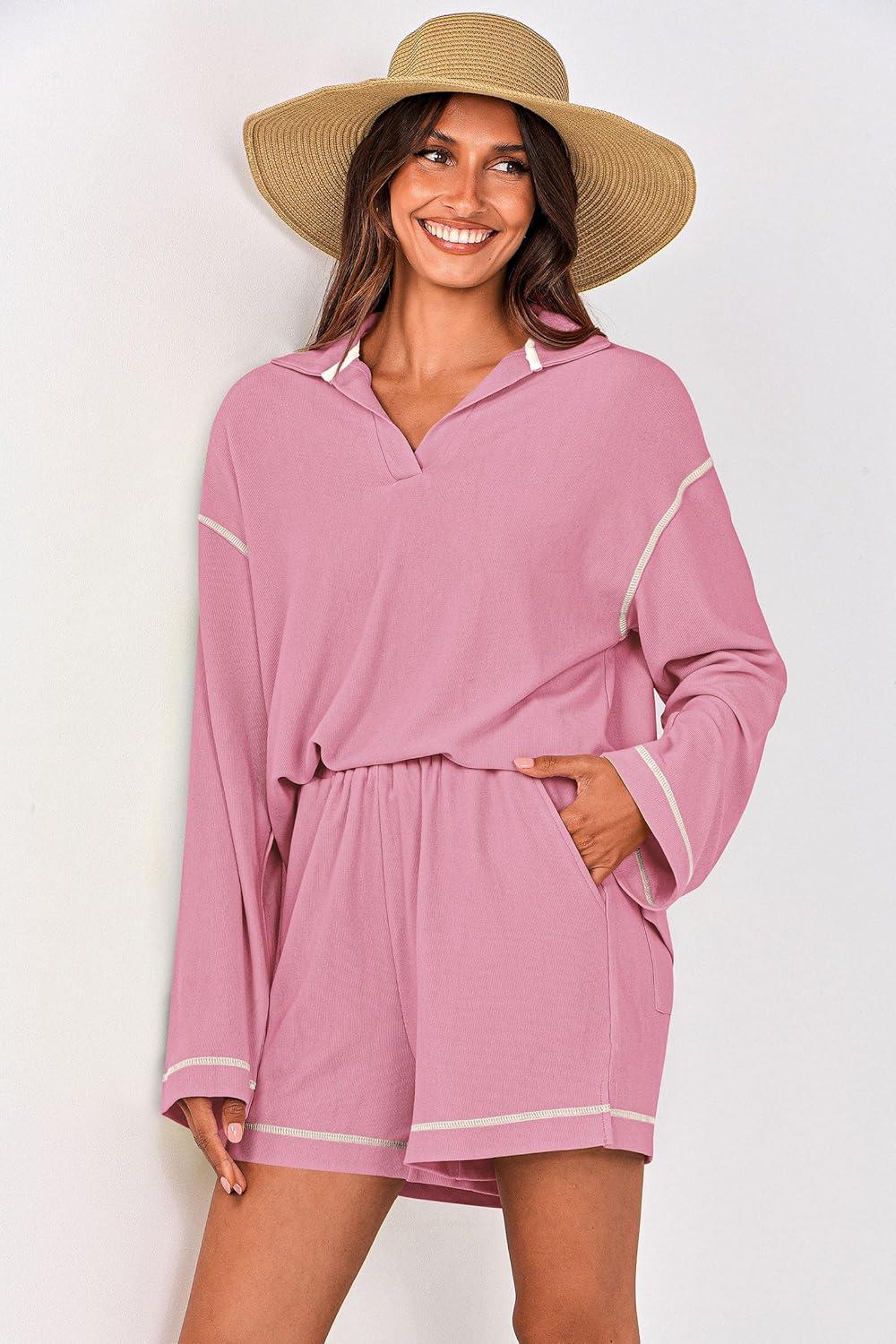 imagePRETTYGARDEN Womens 2024 Fall Two Piece Outfits Lounge Sets Tracksuit Long Sleeve Lapel Shirts Tops And Shorts With Pockets PinkSmall