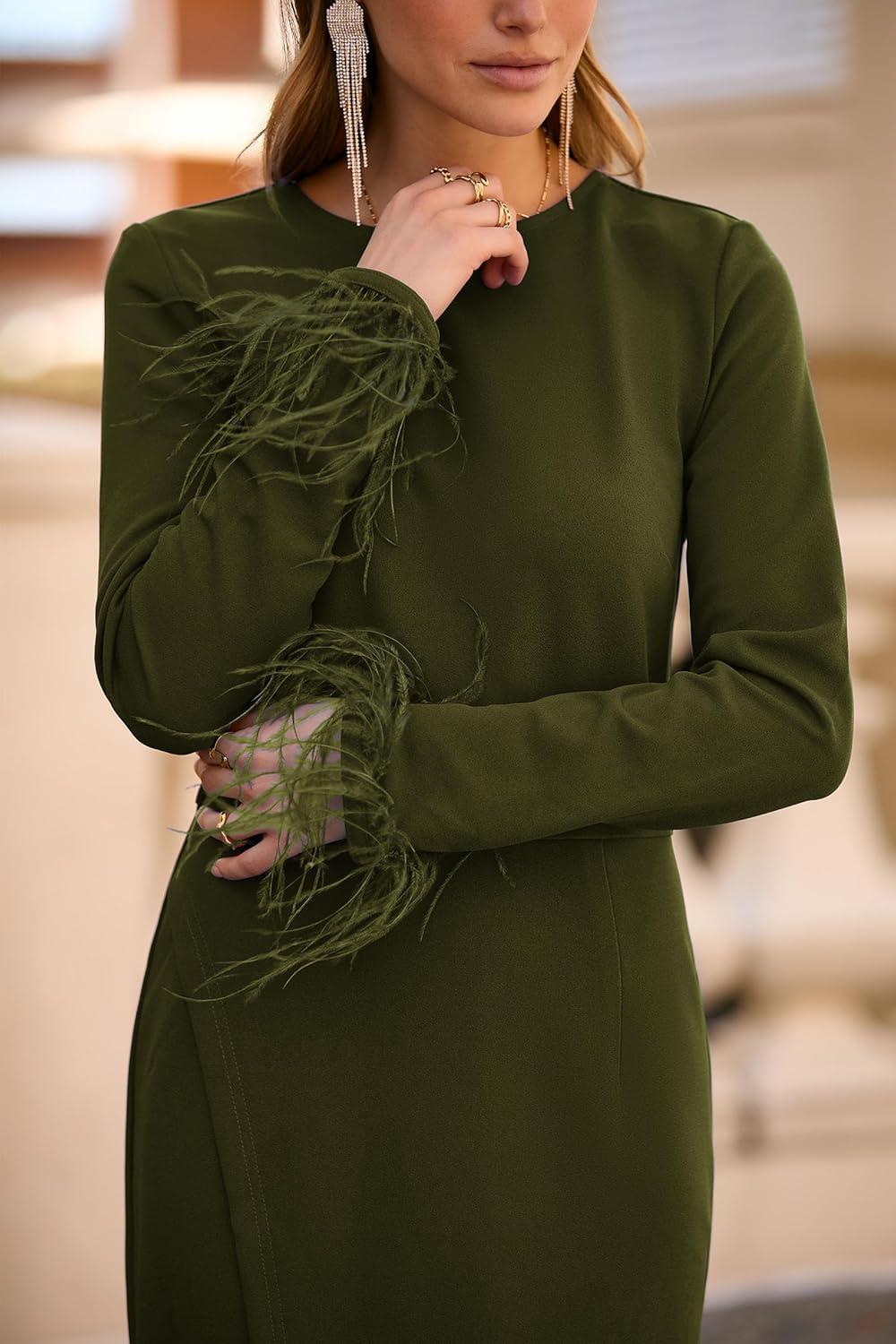 imagePRETTYGARDEN Womens 2025 Fall Long Sleeve Dress Formal Midi Bodycon Wrap Slit Feather Elegant Wedding Guest Cocktail DressesArmy Green