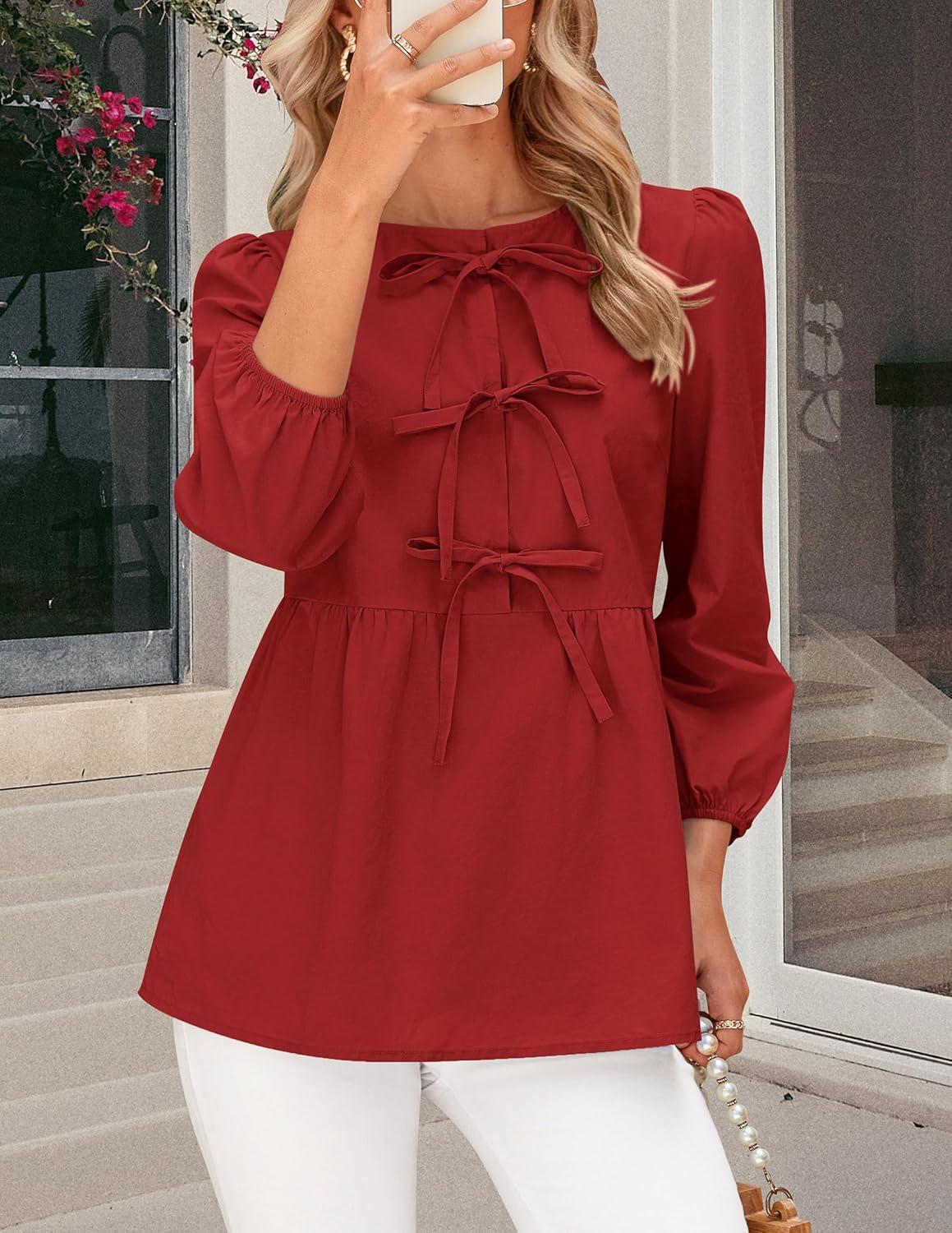imagePRETTYGARDEN Womens Babydoll Tops 2025 Spring Trendy 34 Length Puff Sleeve Bow Tie Front Cute Peplum Blouses Shirts RedMedium