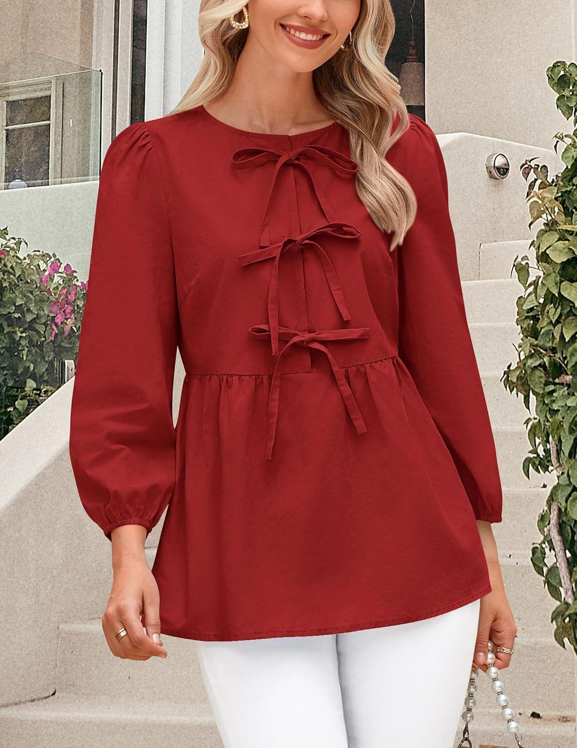 imagePRETTYGARDEN Womens Babydoll Tops 2025 Spring Trendy 34 Length Puff Sleeve Bow Tie Front Cute Peplum Blouses Shirts RedMedium