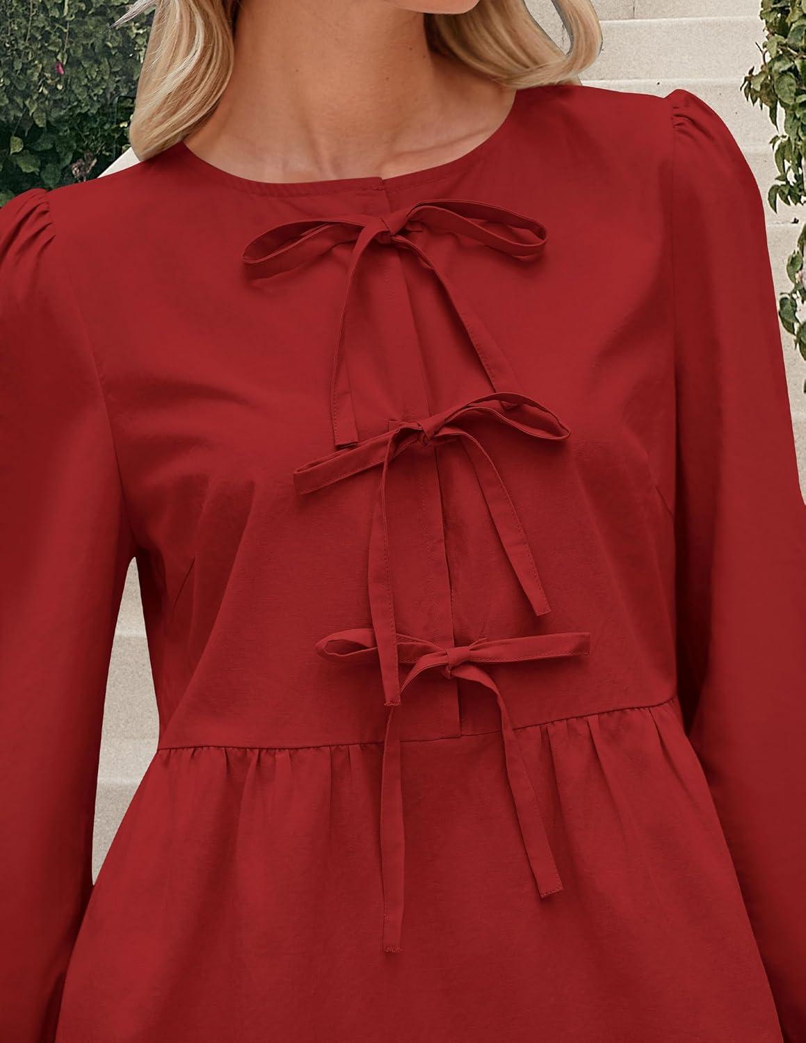 imagePRETTYGARDEN Womens Babydoll Tops 2025 Spring Trendy 34 Length Puff Sleeve Bow Tie Front Cute Peplum Blouses Shirts RedMedium