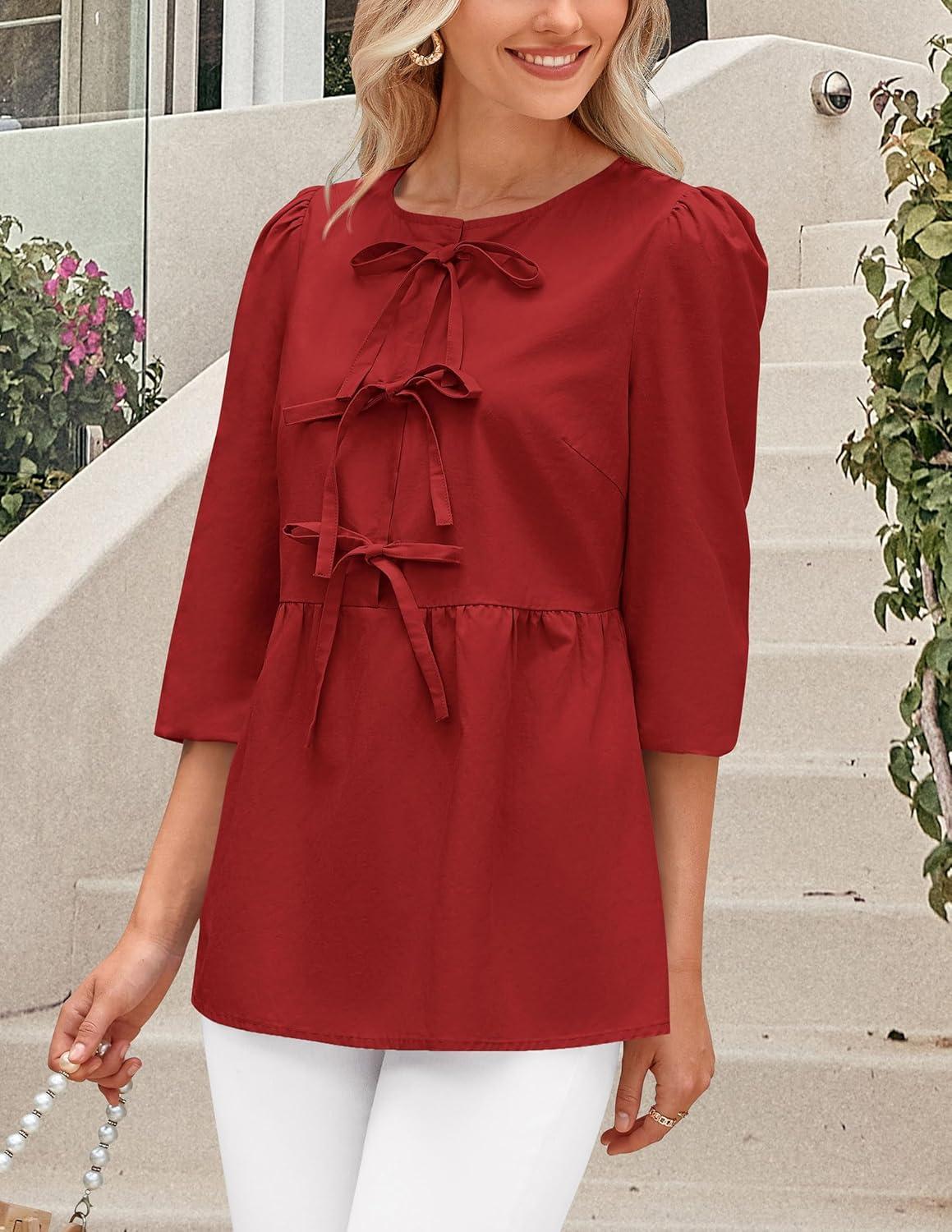 imagePRETTYGARDEN Womens Babydoll Tops 2025 Spring Trendy 34 Length Puff Sleeve Bow Tie Front Cute Peplum Blouses Shirts RedMedium