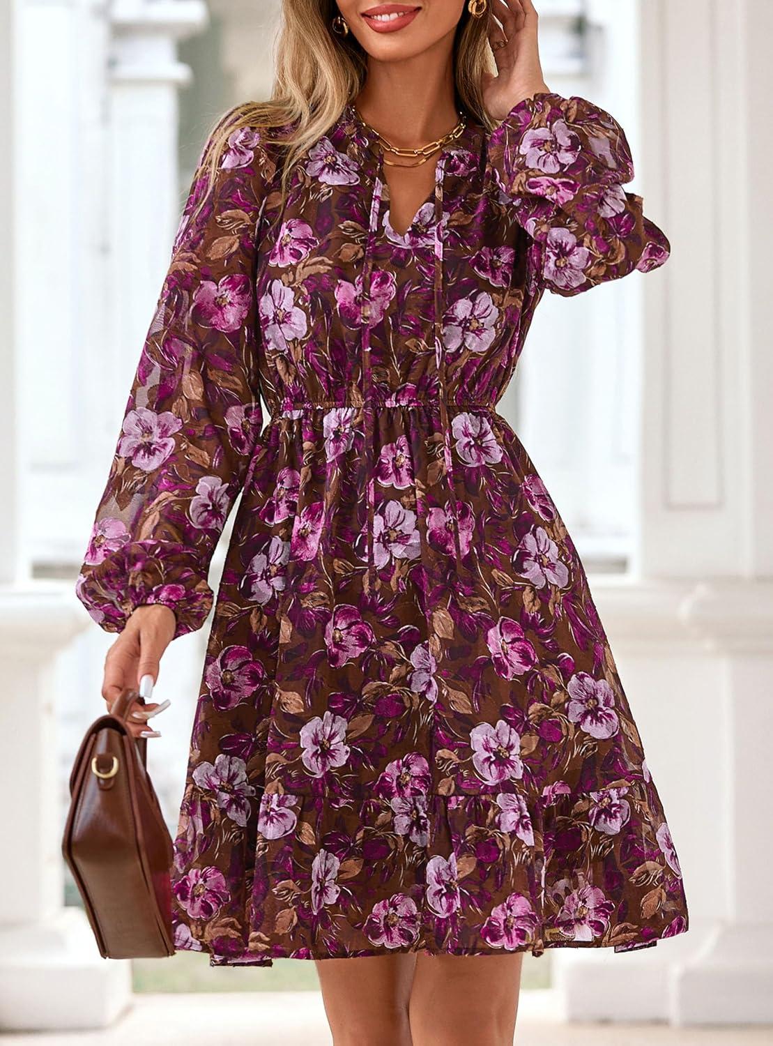 imagePRETTYGARDEN Womens Fall Boho Dresses 2026 Floral Long Sleeve V Neck Mini Flowy Wedding Guest Dress Trendy Vacation OutfitsBrown