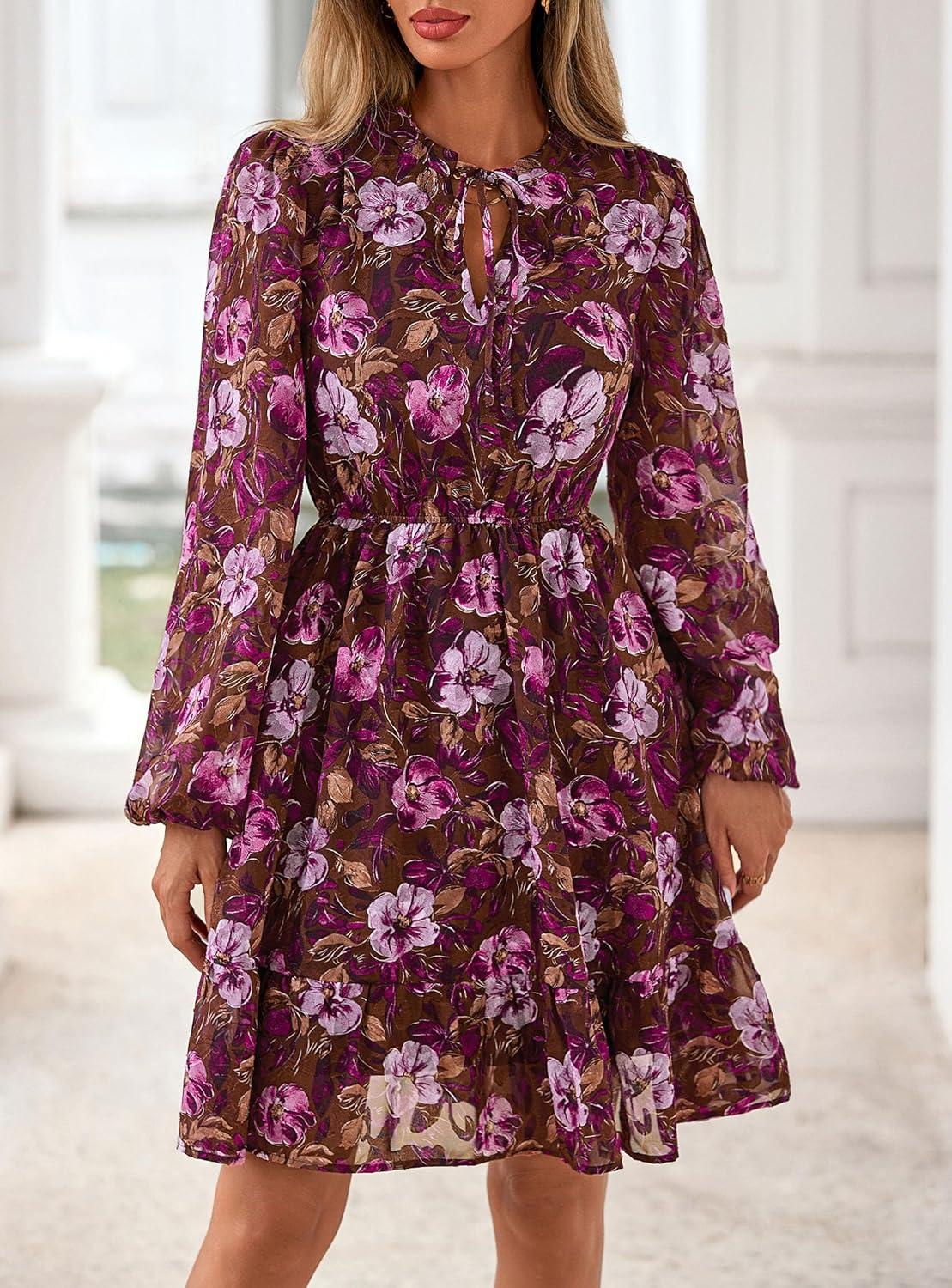imagePRETTYGARDEN Womens Fall Boho Dresses 2026 Floral Long Sleeve V Neck Mini Flowy Wedding Guest Dress Trendy Vacation OutfitsBrown