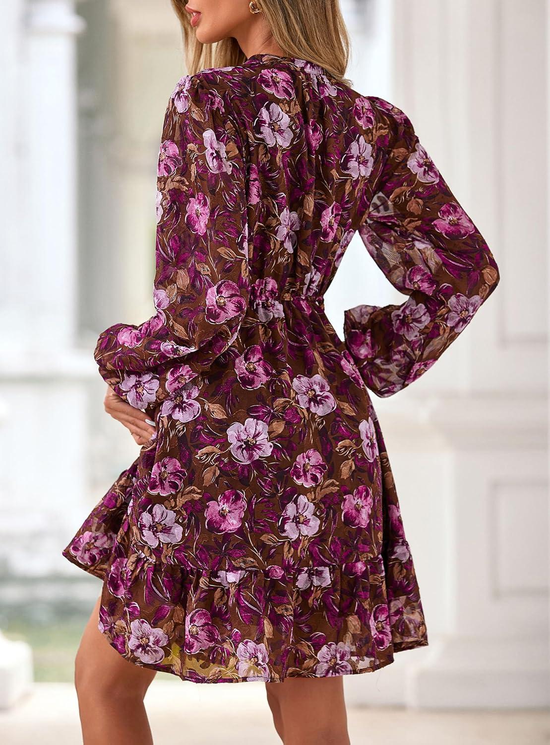 imagePRETTYGARDEN Womens Fall Boho Dresses 2026 Floral Long Sleeve V Neck Mini Flowy Wedding Guest Dress Trendy Vacation OutfitsBrown