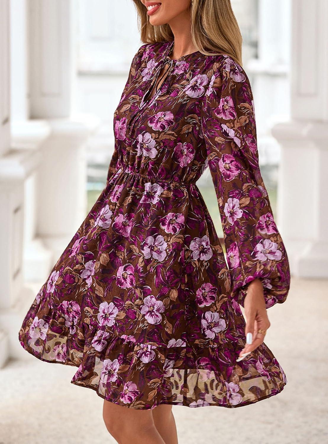 imagePRETTYGARDEN Womens Fall Boho Dresses 2026 Floral Long Sleeve V Neck Mini Flowy Wedding Guest Dress Trendy Vacation OutfitsBrown
