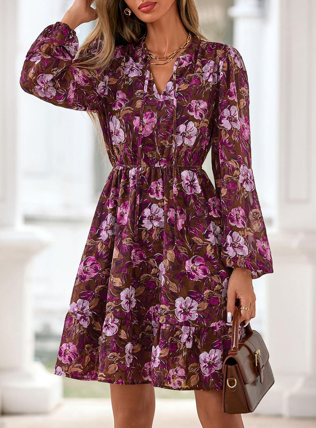 imagePRETTYGARDEN Womens Fall Boho Dresses 2026 Floral Long Sleeve V Neck Mini Flowy Wedding Guest Dress Trendy Vacation OutfitsBrown