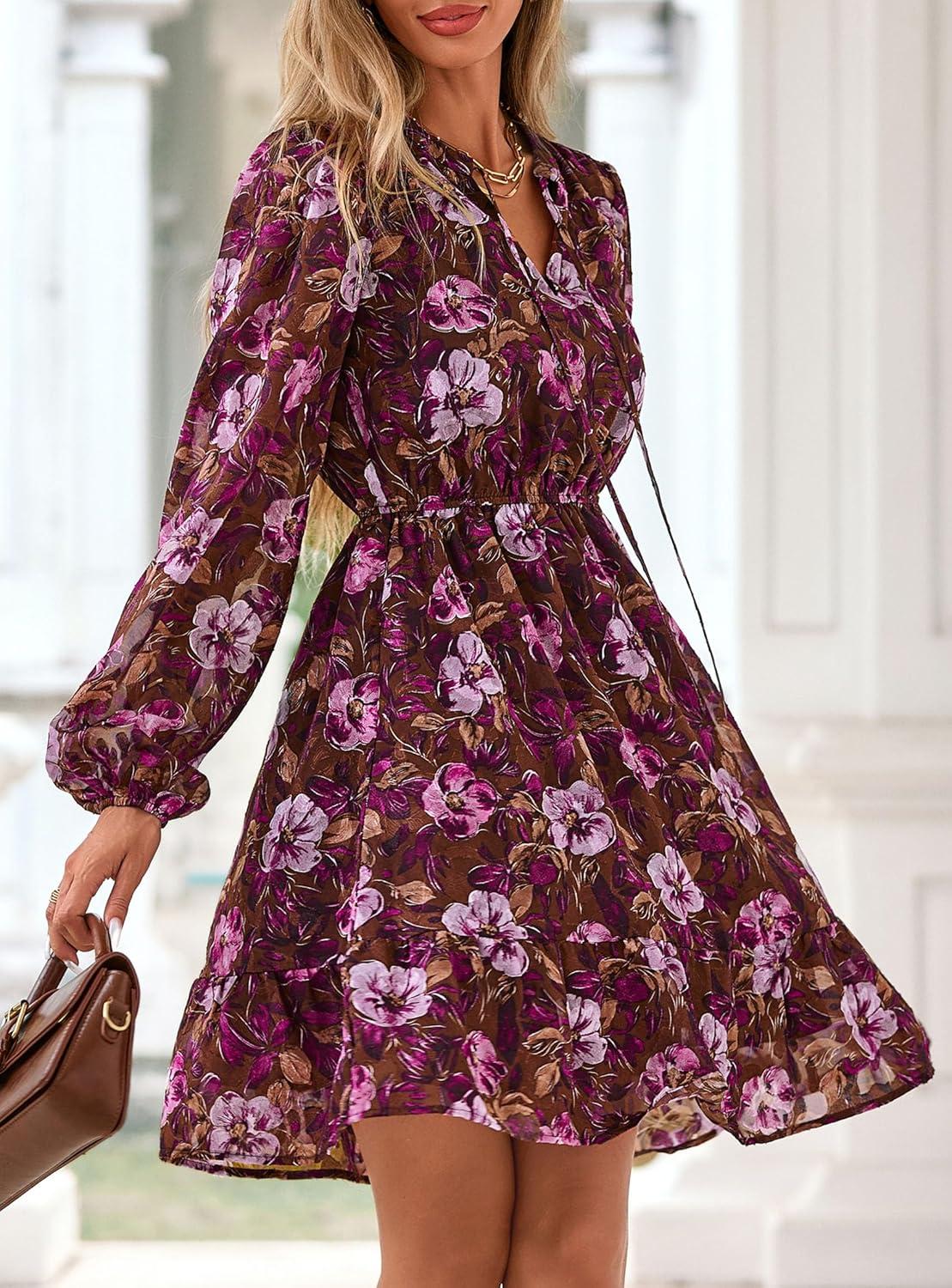 imagePRETTYGARDEN Womens Fall Boho Dresses 2026 Floral Long Sleeve V Neck Mini Flowy Wedding Guest Dress Trendy Vacation OutfitsBrown