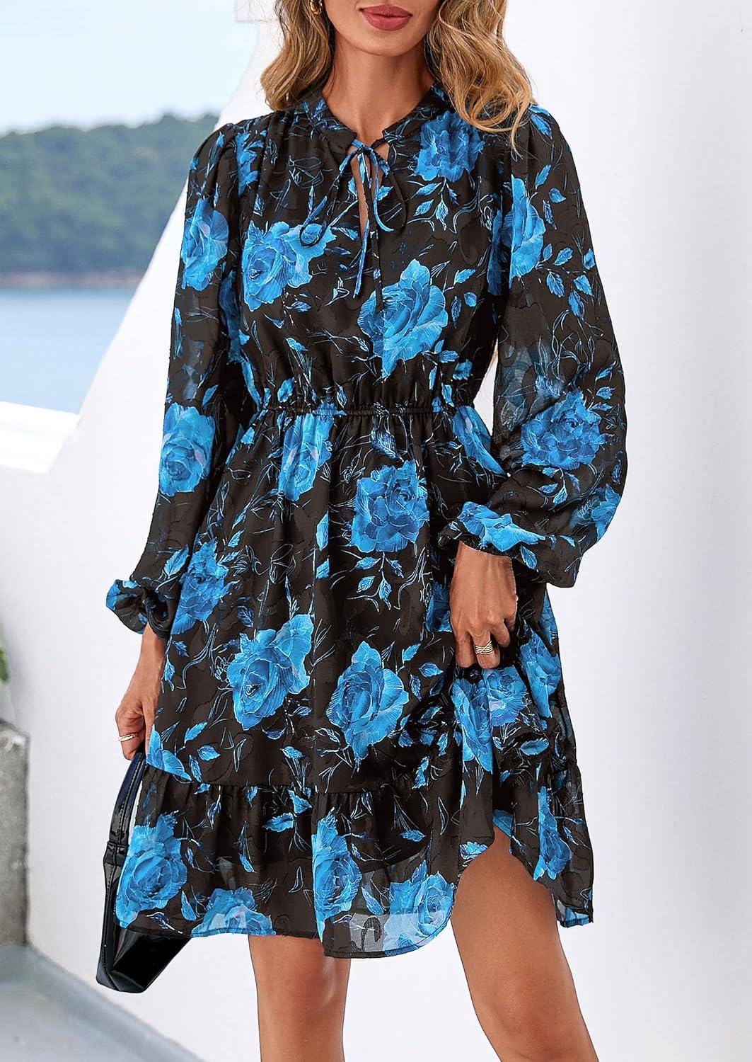 imagePRETTYGARDEN Womens Fall Boho Dresses 2026 Floral Long Sleeve V Neck Mini Flowy Wedding Guest Dress Trendy Vacation OutfitsFloral Black Blue