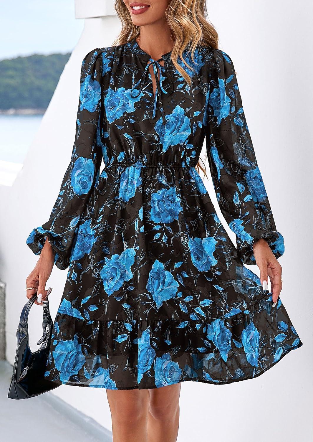 imagePRETTYGARDEN Womens Fall Boho Dresses 2026 Floral Long Sleeve V Neck Mini Flowy Wedding Guest Dress Trendy Vacation OutfitsFloral Black Blue