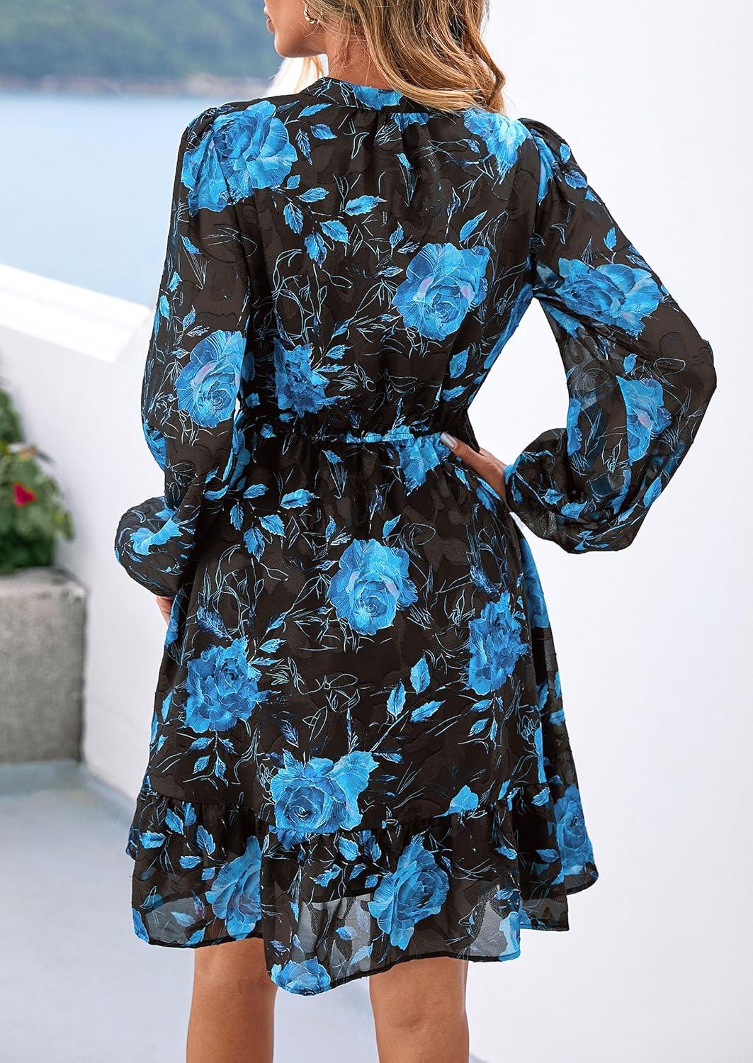 imagePRETTYGARDEN Womens Fall Boho Dresses 2026 Floral Long Sleeve V Neck Mini Flowy Wedding Guest Dress Trendy Vacation OutfitsFloral Black Blue