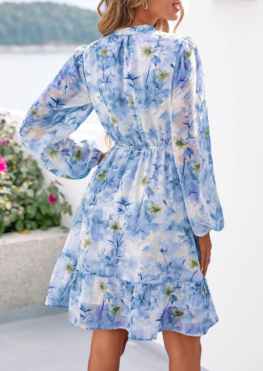 imagePRETTYGARDEN Womens Fall Boho Dresses 2026 Floral Long Sleeve V Neck Mini Flowy Wedding Guest Dress Trendy Vacation OutfitsFloral Blue