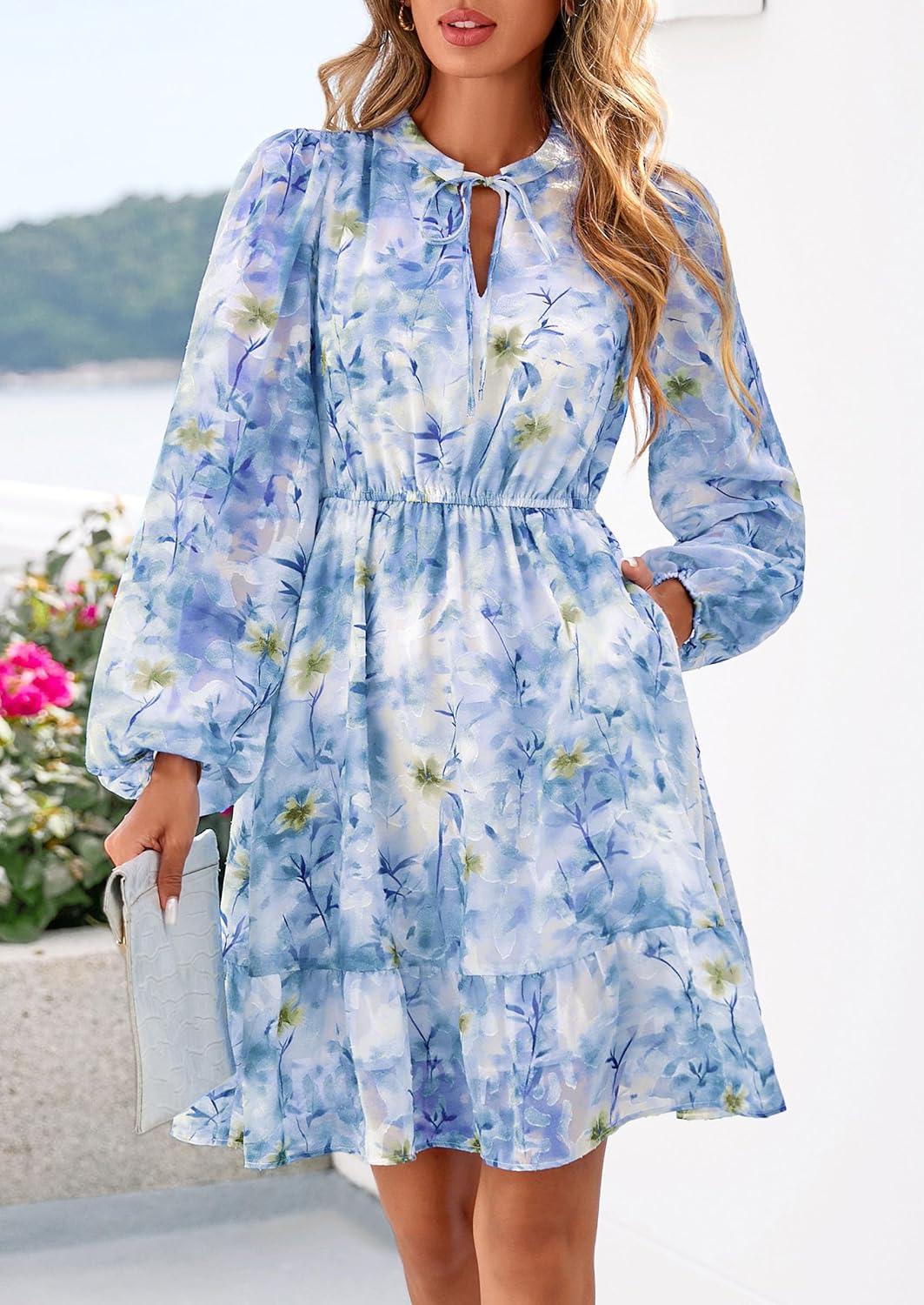 imagePRETTYGARDEN Womens Fall Boho Dresses 2026 Floral Long Sleeve V Neck Mini Flowy Wedding Guest Dress Trendy Vacation OutfitsFloral Blue