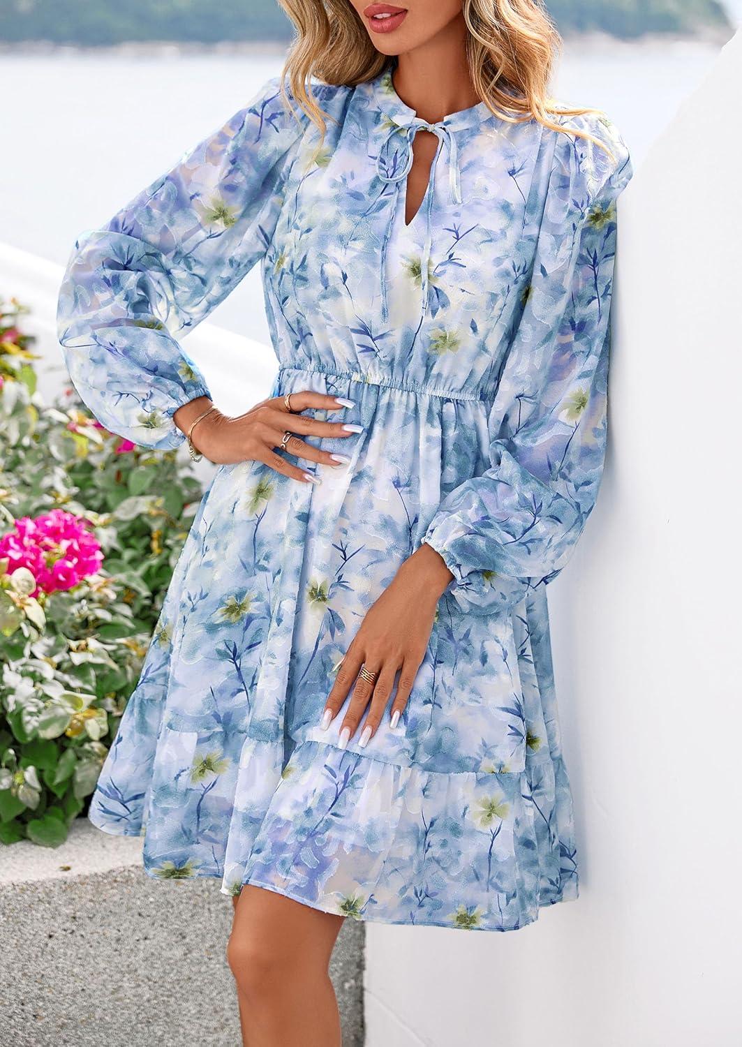 imagePRETTYGARDEN Womens Fall Boho Dresses 2026 Floral Long Sleeve V Neck Mini Flowy Wedding Guest Dress Trendy Vacation OutfitsFloral Blue