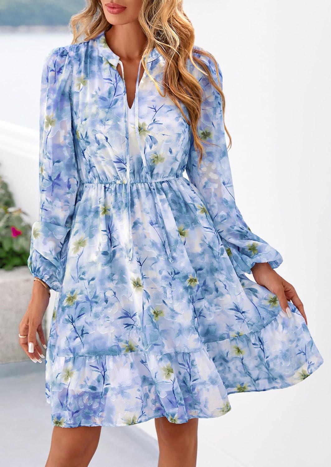imagePRETTYGARDEN Womens Fall Boho Dresses 2026 Floral Long Sleeve V Neck Mini Flowy Wedding Guest Dress Trendy Vacation OutfitsFloral Blue