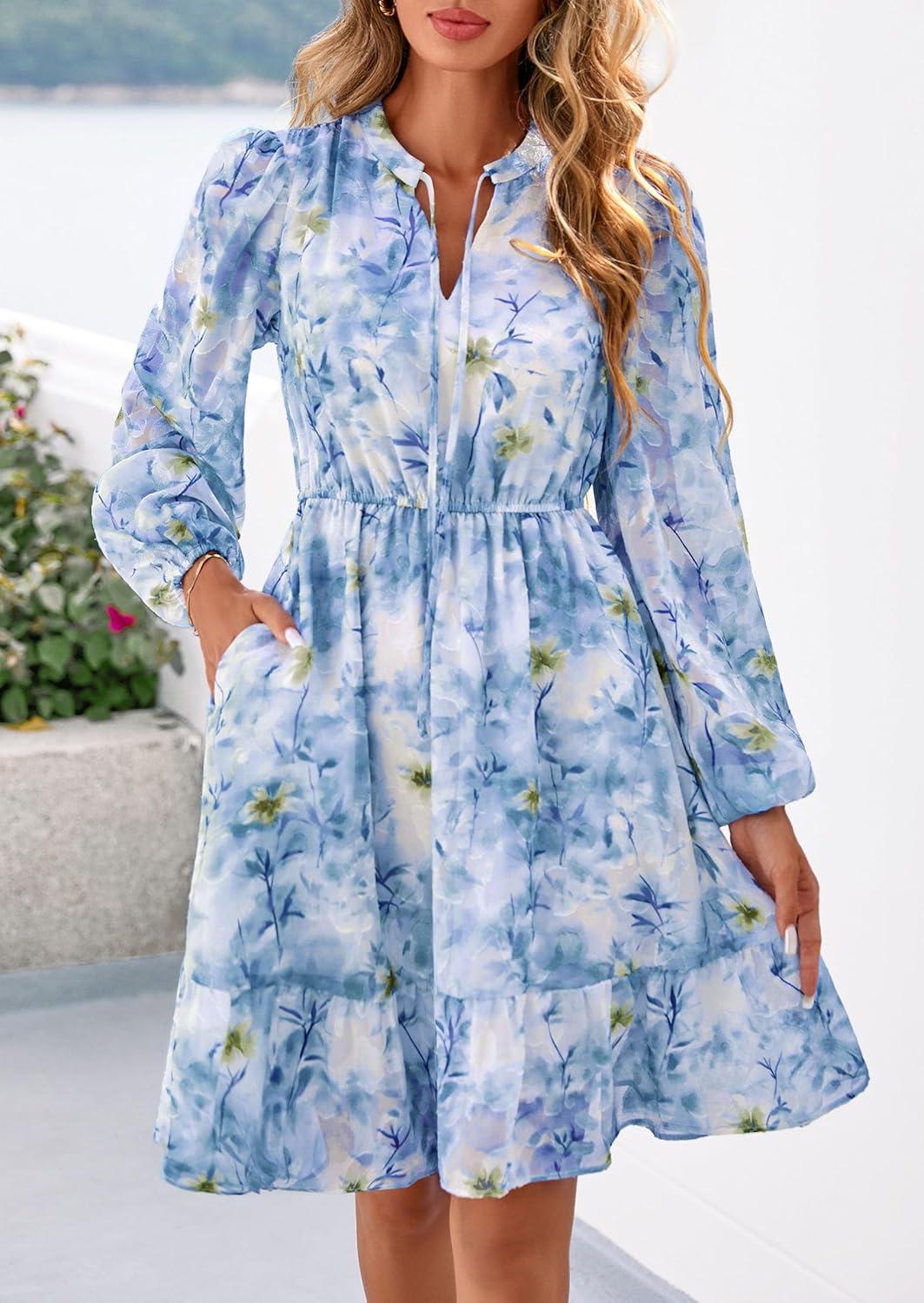 imagePRETTYGARDEN Womens Fall Boho Dresses 2026 Floral Long Sleeve V Neck Mini Flowy Wedding Guest Dress Trendy Vacation OutfitsFloral Blue