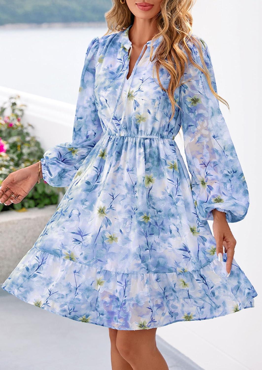 imagePRETTYGARDEN Womens Fall Boho Dresses 2026 Floral Long Sleeve V Neck Mini Flowy Wedding Guest Dress Trendy Vacation OutfitsFloral Blue