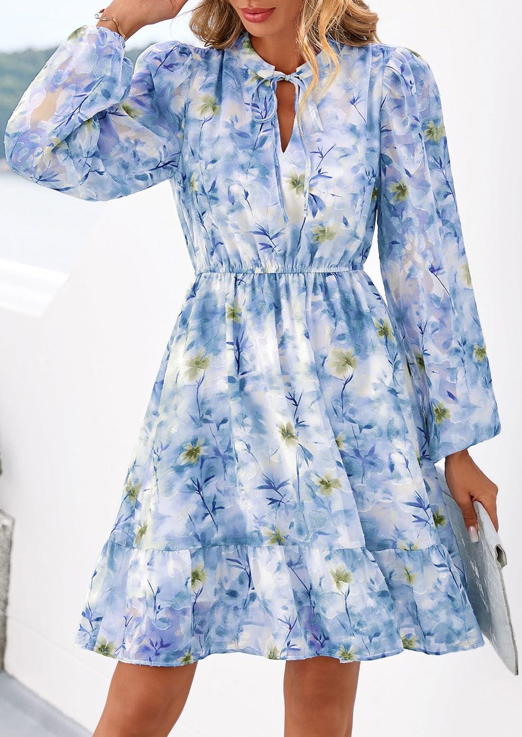 imagePRETTYGARDEN Womens Fall Boho Dresses 2026 Floral Long Sleeve V Neck Mini Flowy Wedding Guest Dress Trendy Vacation OutfitsFloral Blue