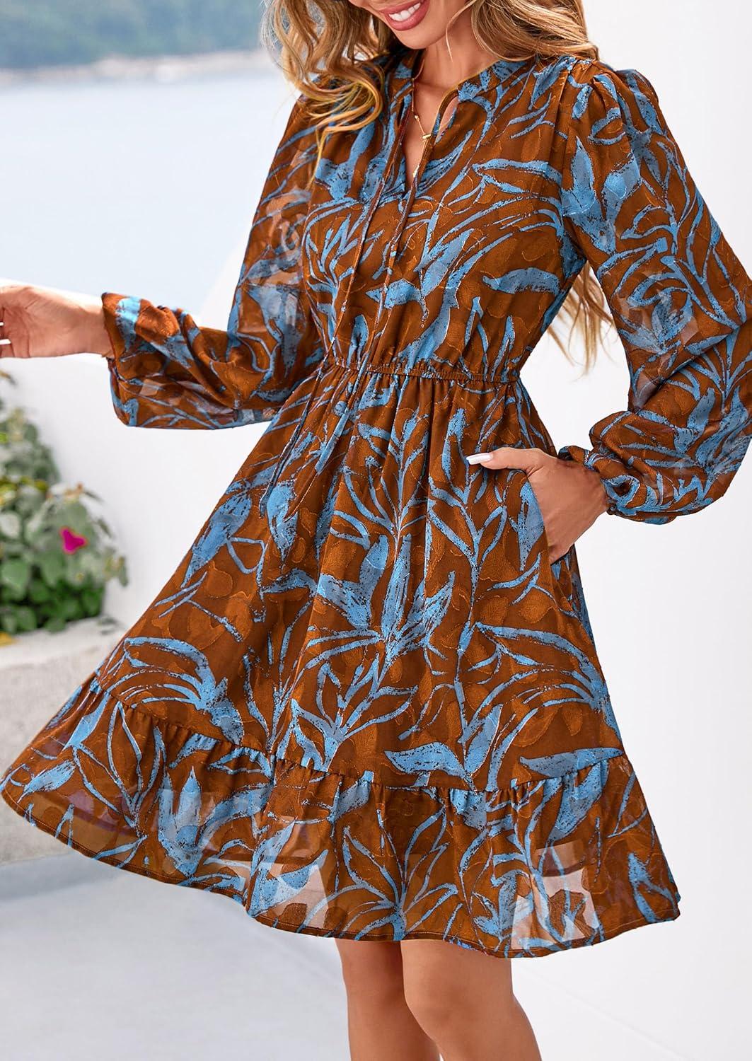imagePRETTYGARDEN Womens Fall Boho Dresses 2026 Floral Long Sleeve V Neck Mini Flowy Wedding Guest Dress Trendy Vacation OutfitsFloral Brown