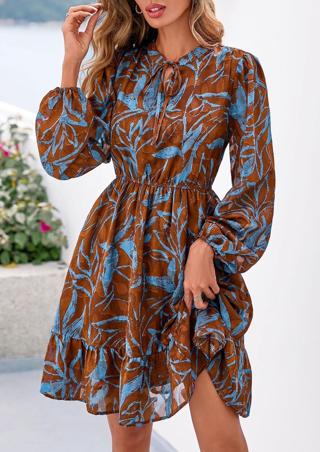 imagePRETTYGARDEN Womens Fall Boho Dresses 2026 Floral Long Sleeve V Neck Mini Flowy Wedding Guest Dress Trendy Vacation OutfitsFloral Brown