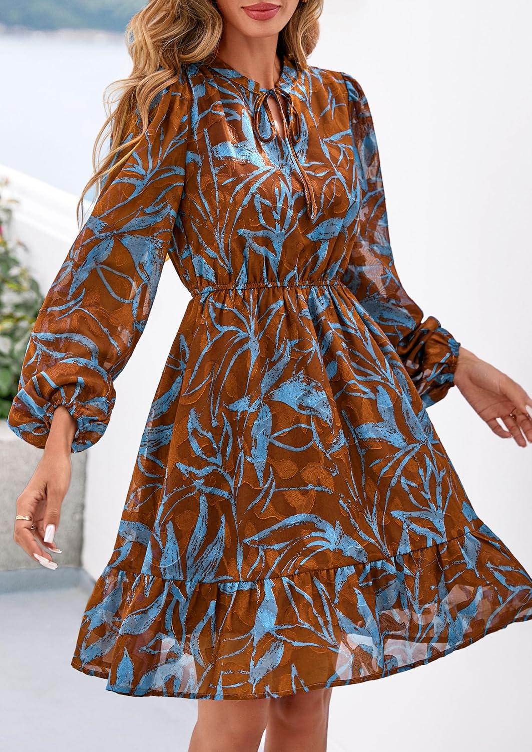 imagePRETTYGARDEN Womens Fall Boho Dresses 2026 Floral Long Sleeve V Neck Mini Flowy Wedding Guest Dress Trendy Vacation OutfitsFloral Brown
