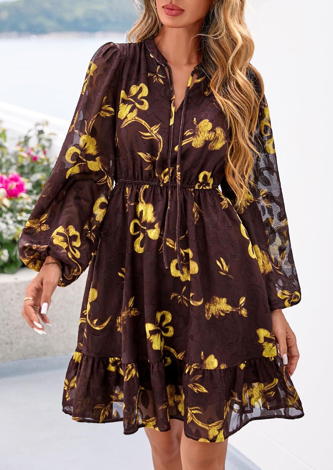 imagePRETTYGARDEN Womens Fall Boho Dresses 2026 Floral Long Sleeve V Neck Mini Flowy Wedding Guest Dress Trendy Vacation OutfitsFloral Brown Yellow