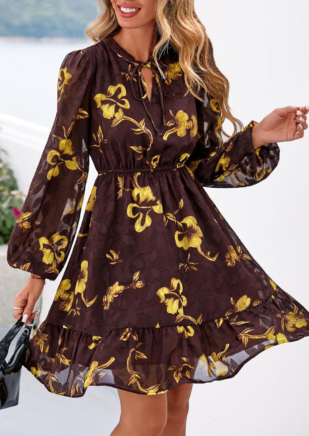 imagePRETTYGARDEN Womens Fall Boho Dresses 2026 Floral Long Sleeve V Neck Mini Flowy Wedding Guest Dress Trendy Vacation OutfitsFloral Brown Yellow