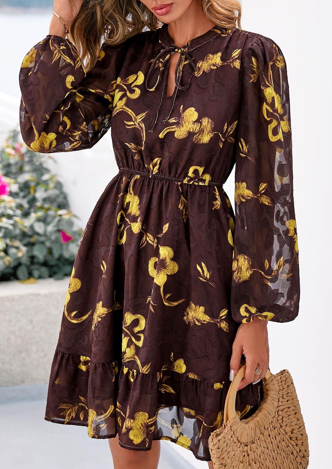 imagePRETTYGARDEN Womens Fall Boho Dresses 2026 Floral Long Sleeve V Neck Mini Flowy Wedding Guest Dress Trendy Vacation OutfitsFloral Brown Yellow
