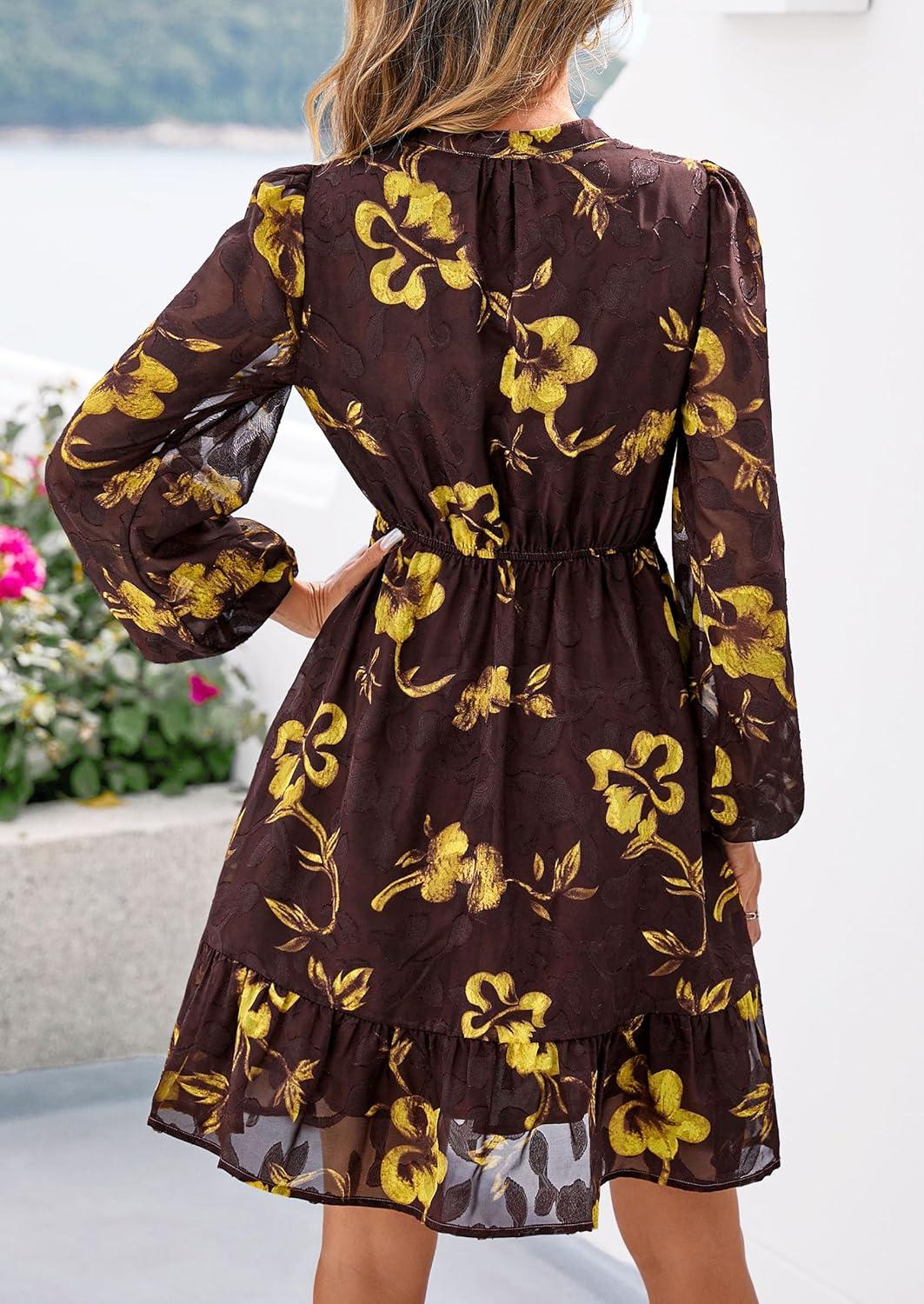 imagePRETTYGARDEN Womens Fall Boho Dresses 2026 Floral Long Sleeve V Neck Mini Flowy Wedding Guest Dress Trendy Vacation OutfitsFloral Brown Yellow