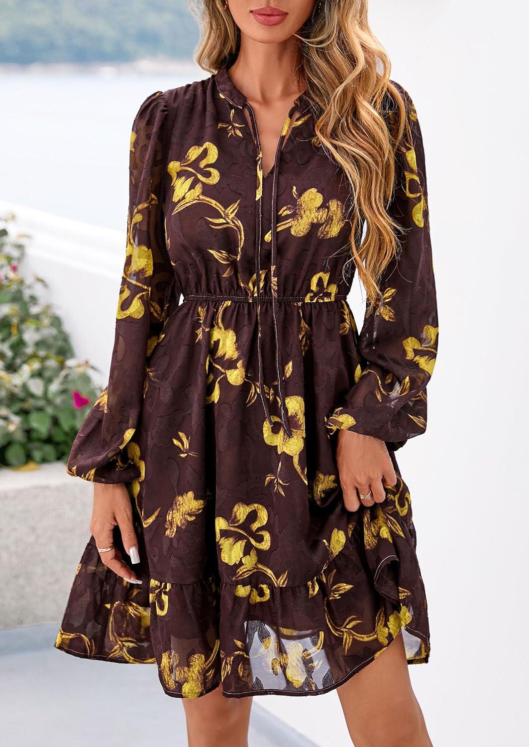 imagePRETTYGARDEN Womens Fall Boho Dresses 2026 Floral Long Sleeve V Neck Mini Flowy Wedding Guest Dress Trendy Vacation OutfitsFloral Brown Yellow