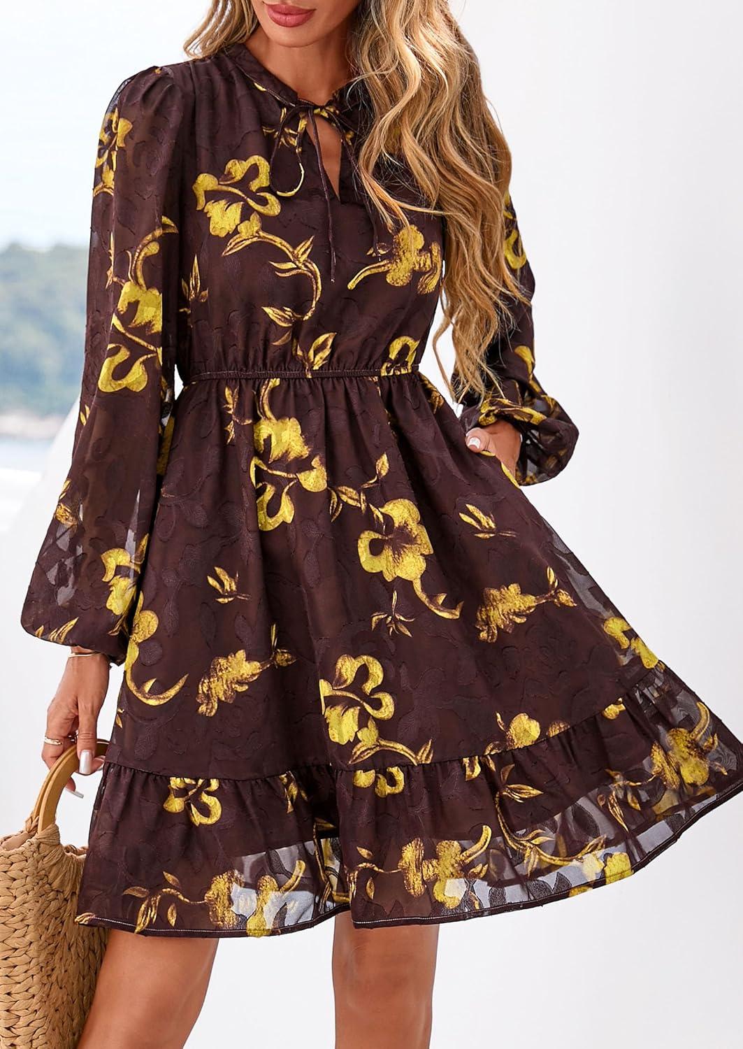 imagePRETTYGARDEN Womens Fall Boho Dresses 2026 Floral Long Sleeve V Neck Mini Flowy Wedding Guest Dress Trendy Vacation OutfitsFloral Brown Yellow