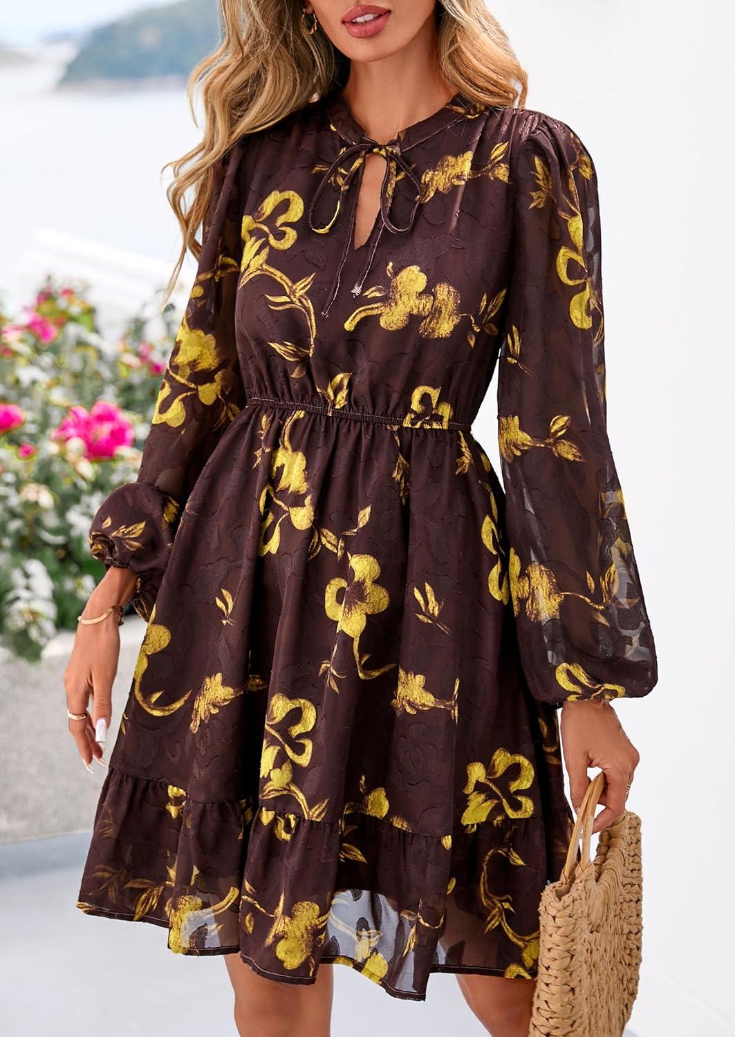 imagePRETTYGARDEN Womens Fall Boho Dresses 2026 Floral Long Sleeve V Neck Mini Flowy Wedding Guest Dress Trendy Vacation OutfitsFloral Brown Yellow