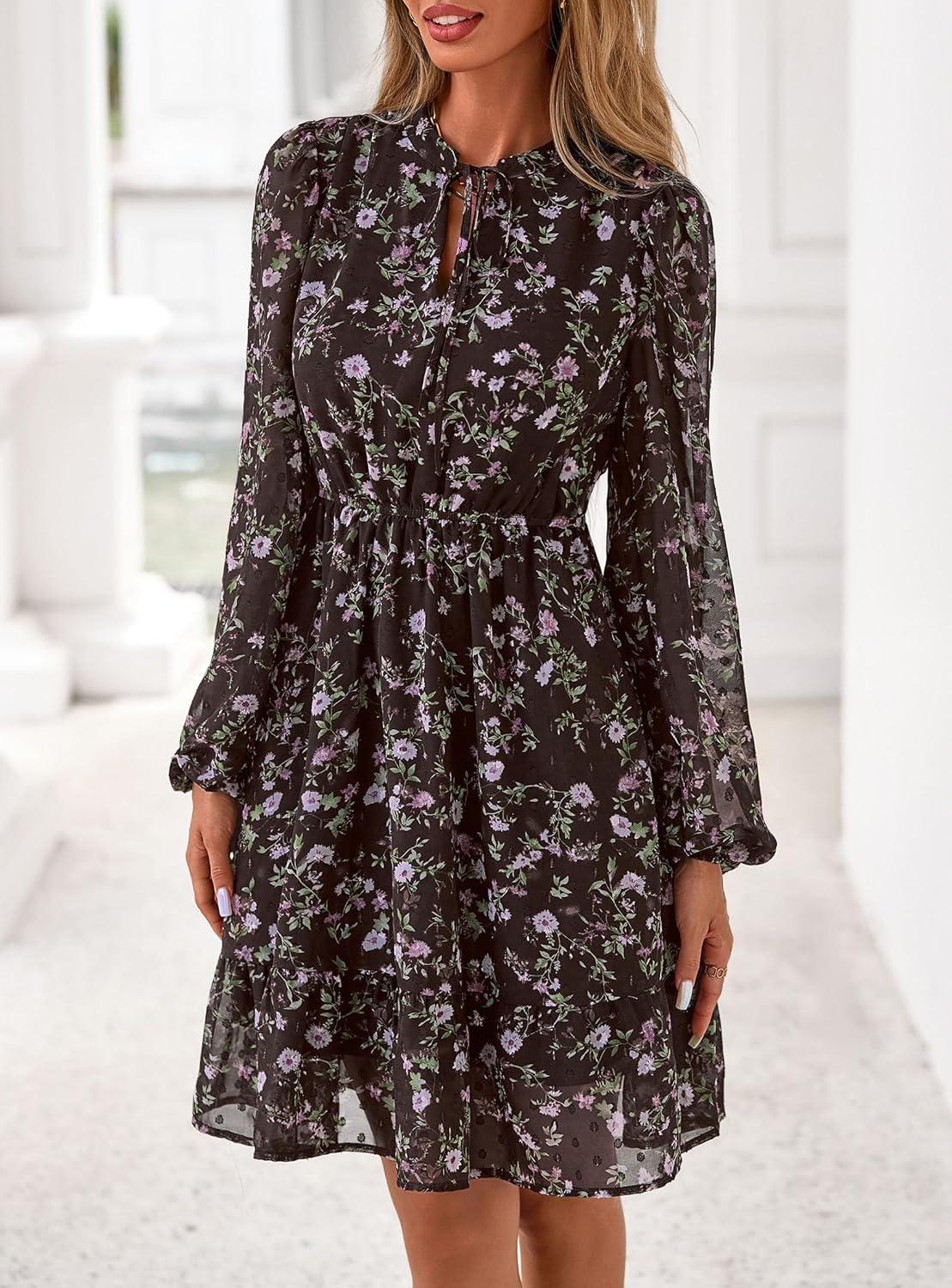 imagePRETTYGARDEN Womens Fall Boho Dresses 2026 Floral Long Sleeve V Neck Mini Flowy Wedding Guest Dress Trendy Vacation OutfitsFloral Coffee