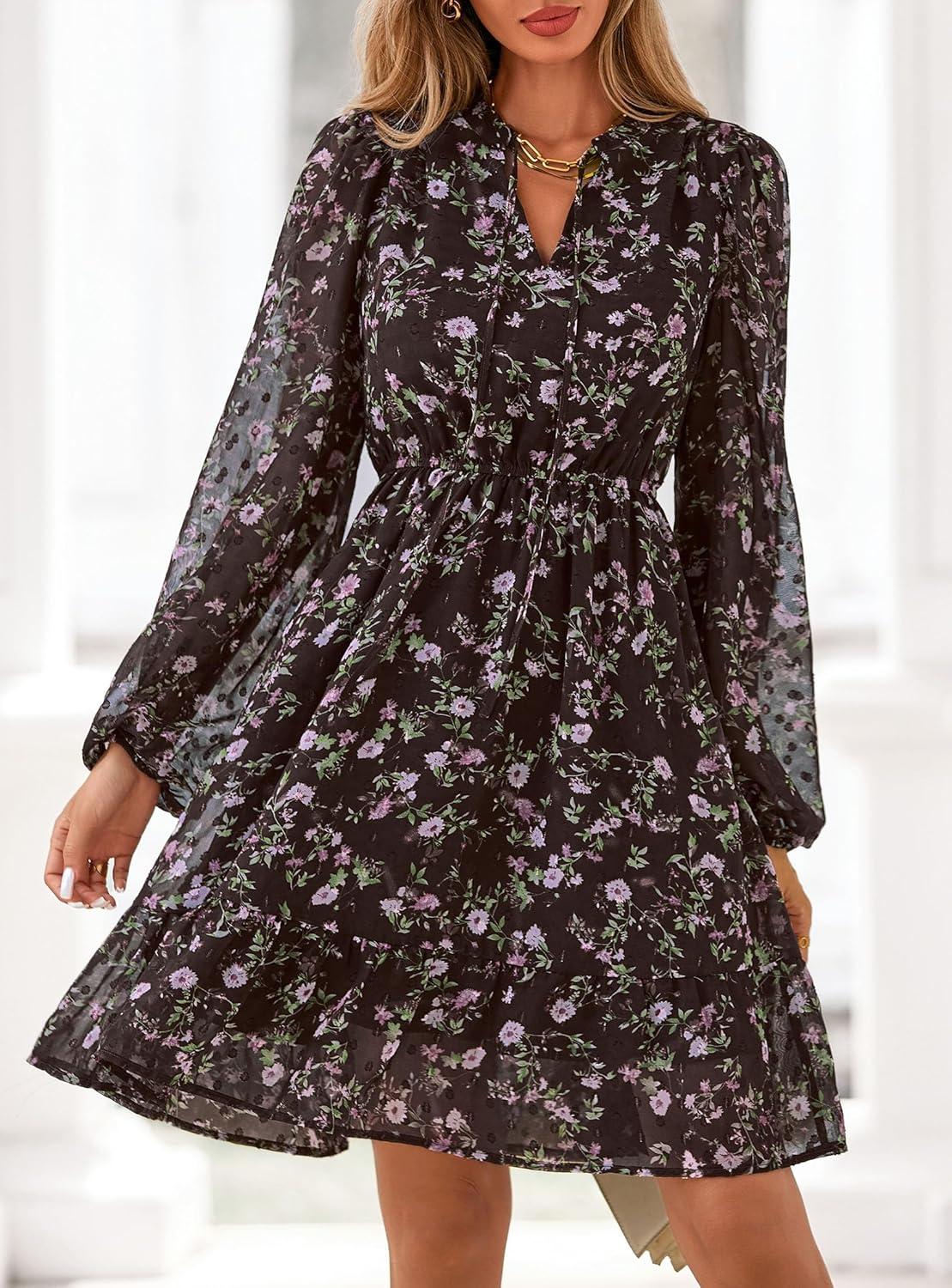 imagePRETTYGARDEN Womens Fall Boho Dresses 2026 Floral Long Sleeve V Neck Mini Flowy Wedding Guest Dress Trendy Vacation OutfitsFloral Coffee