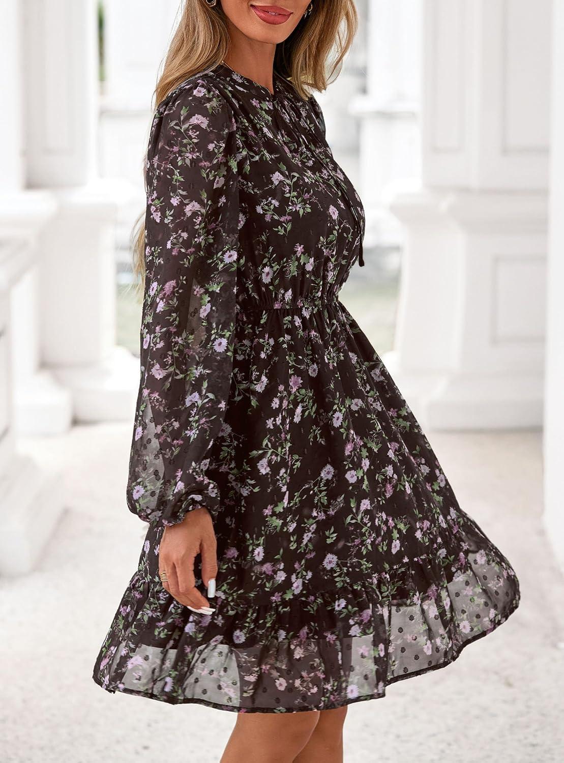 imagePRETTYGARDEN Womens Fall Boho Dresses 2026 Floral Long Sleeve V Neck Mini Flowy Wedding Guest Dress Trendy Vacation OutfitsFloral Coffee