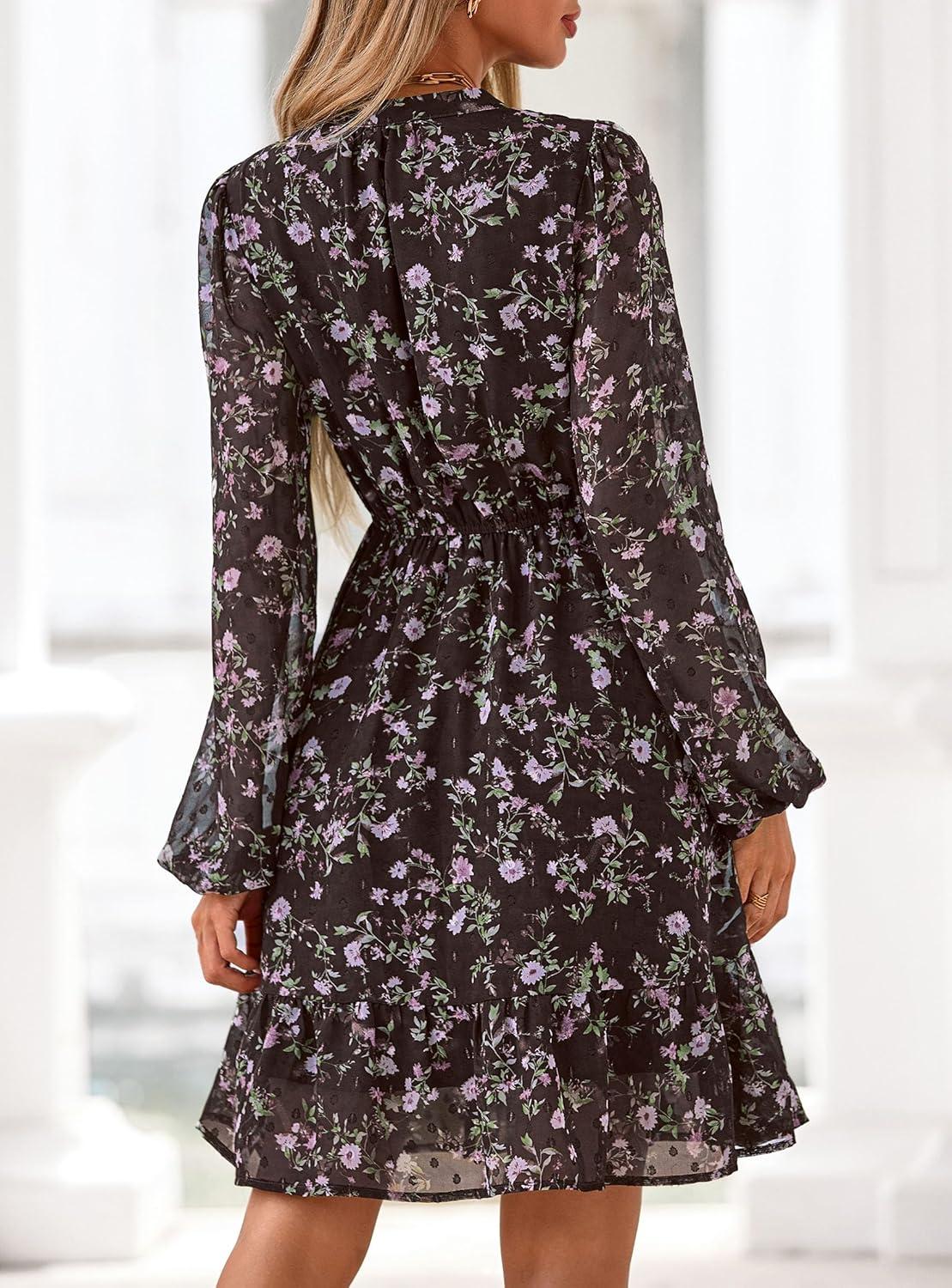 imagePRETTYGARDEN Womens Fall Boho Dresses 2026 Floral Long Sleeve V Neck Mini Flowy Wedding Guest Dress Trendy Vacation OutfitsFloral Coffee