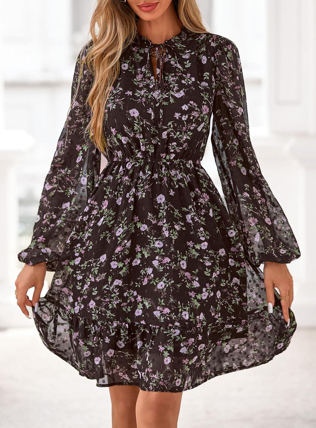 imagePRETTYGARDEN Womens Fall Boho Dresses 2026 Floral Long Sleeve V Neck Mini Flowy Wedding Guest Dress Trendy Vacation OutfitsFloral Coffee