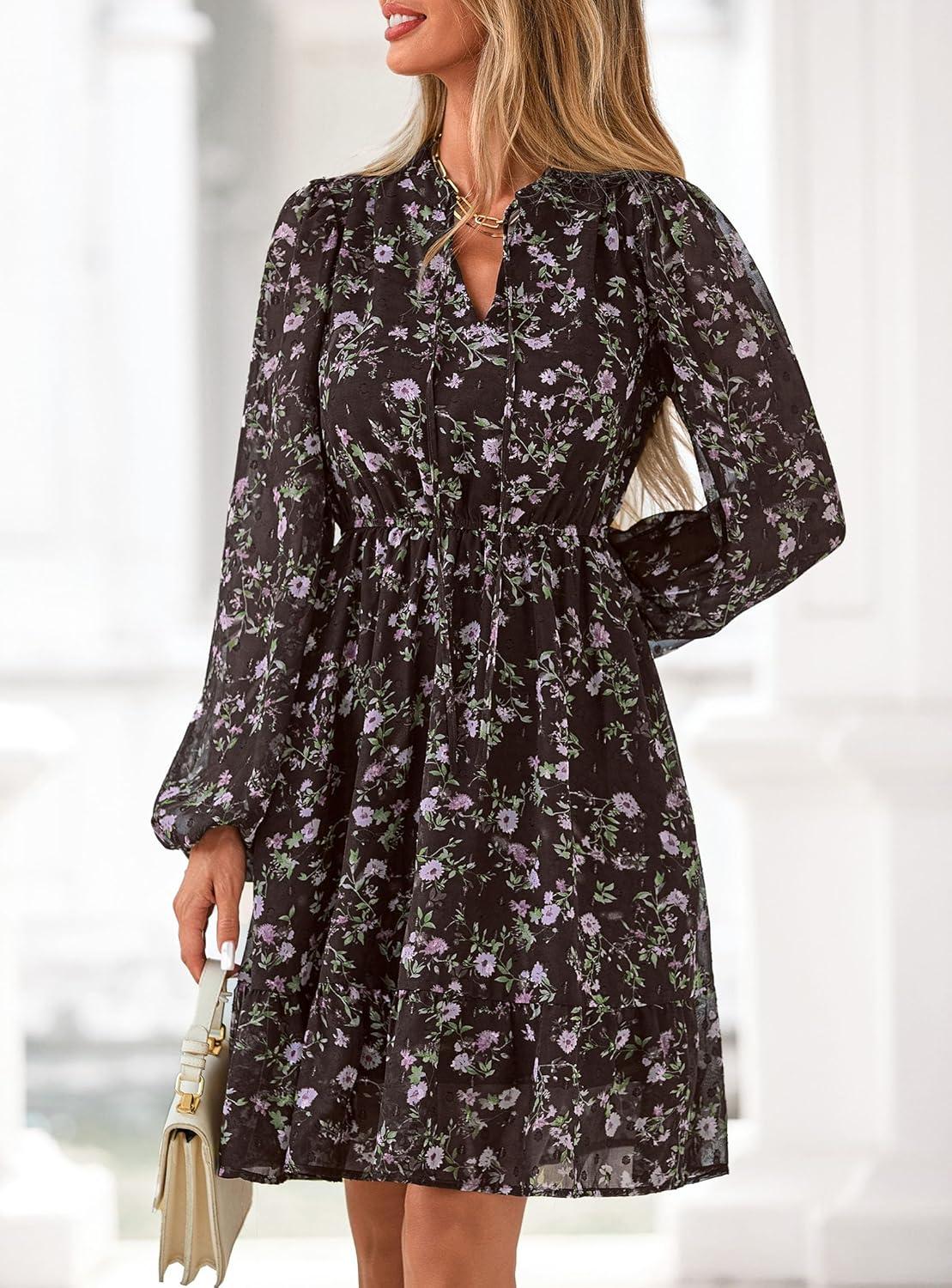 imagePRETTYGARDEN Womens Fall Boho Dresses 2026 Floral Long Sleeve V Neck Mini Flowy Wedding Guest Dress Trendy Vacation OutfitsFloral Coffee