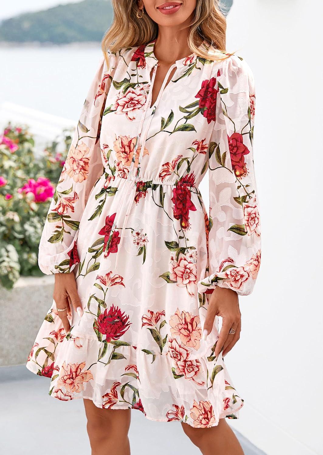 imagePRETTYGARDEN Womens Fall Boho Dresses 2026 Floral Long Sleeve V Neck Mini Flowy Wedding Guest Dress Trendy Vacation OutfitsFloral Pink Multicolored