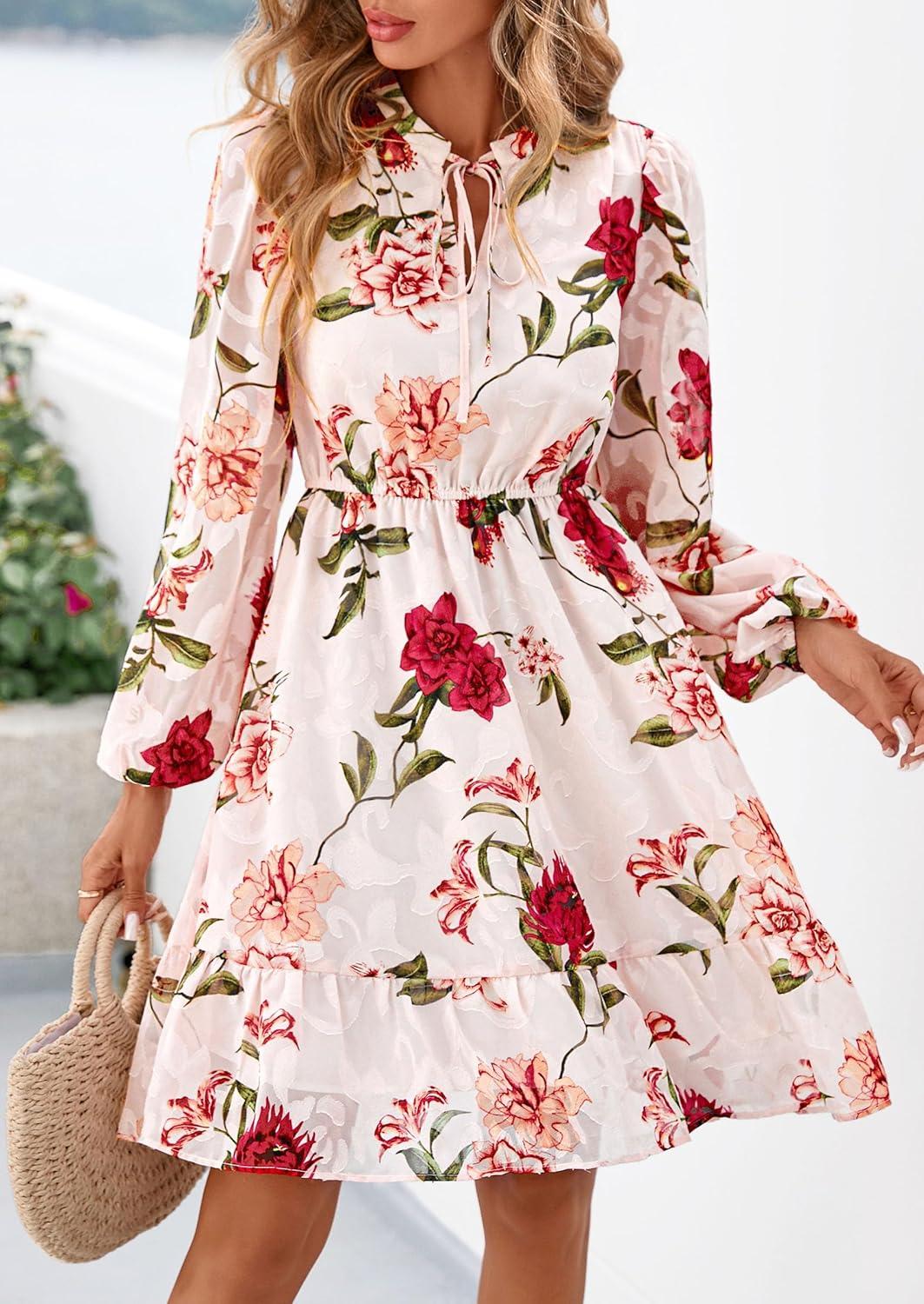 imagePRETTYGARDEN Womens Fall Boho Dresses 2026 Floral Long Sleeve V Neck Mini Flowy Wedding Guest Dress Trendy Vacation OutfitsFloral Pink Multicolored