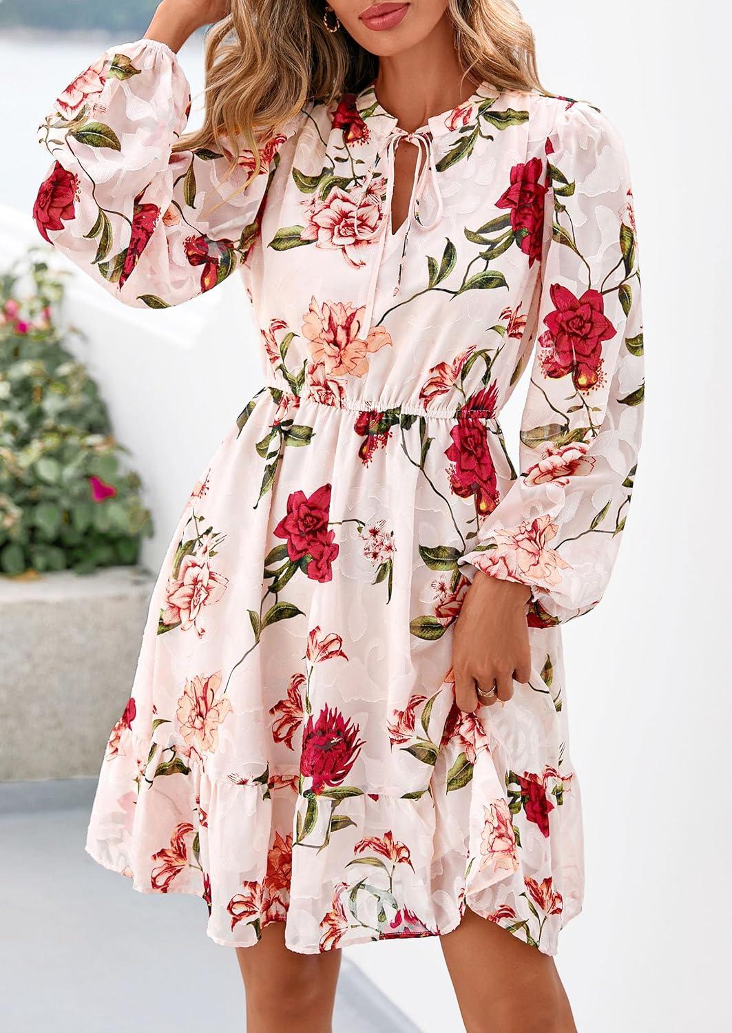 imagePRETTYGARDEN Womens Fall Boho Dresses 2026 Floral Long Sleeve V Neck Mini Flowy Wedding Guest Dress Trendy Vacation OutfitsFloral Pink Multicolored